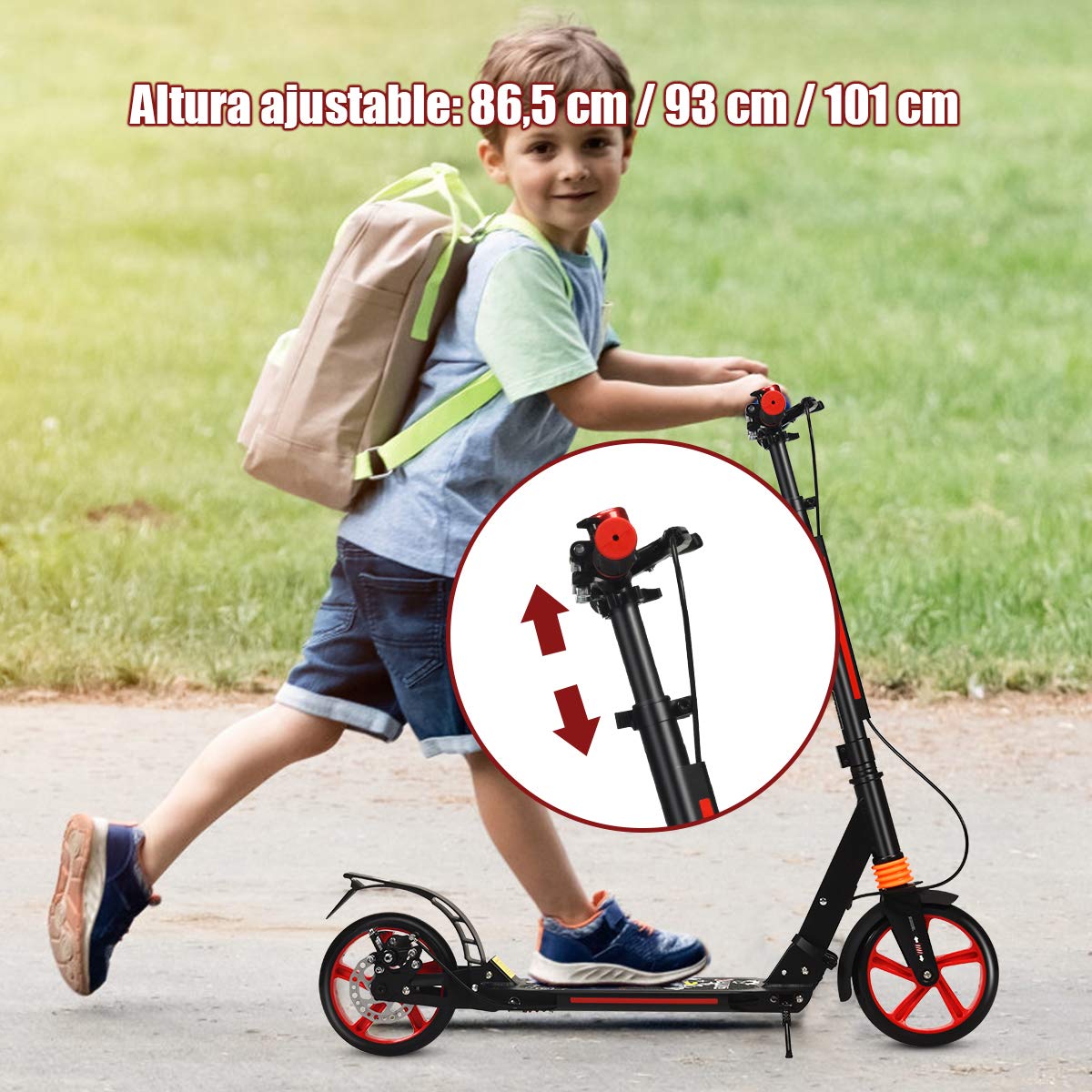 COSTWAY Scooter Patinete Plegable Manillar Regulable en 3 Posiciones Carga hasta 100kg para Niños Mayores de 8 Años y Adultos (Negro)