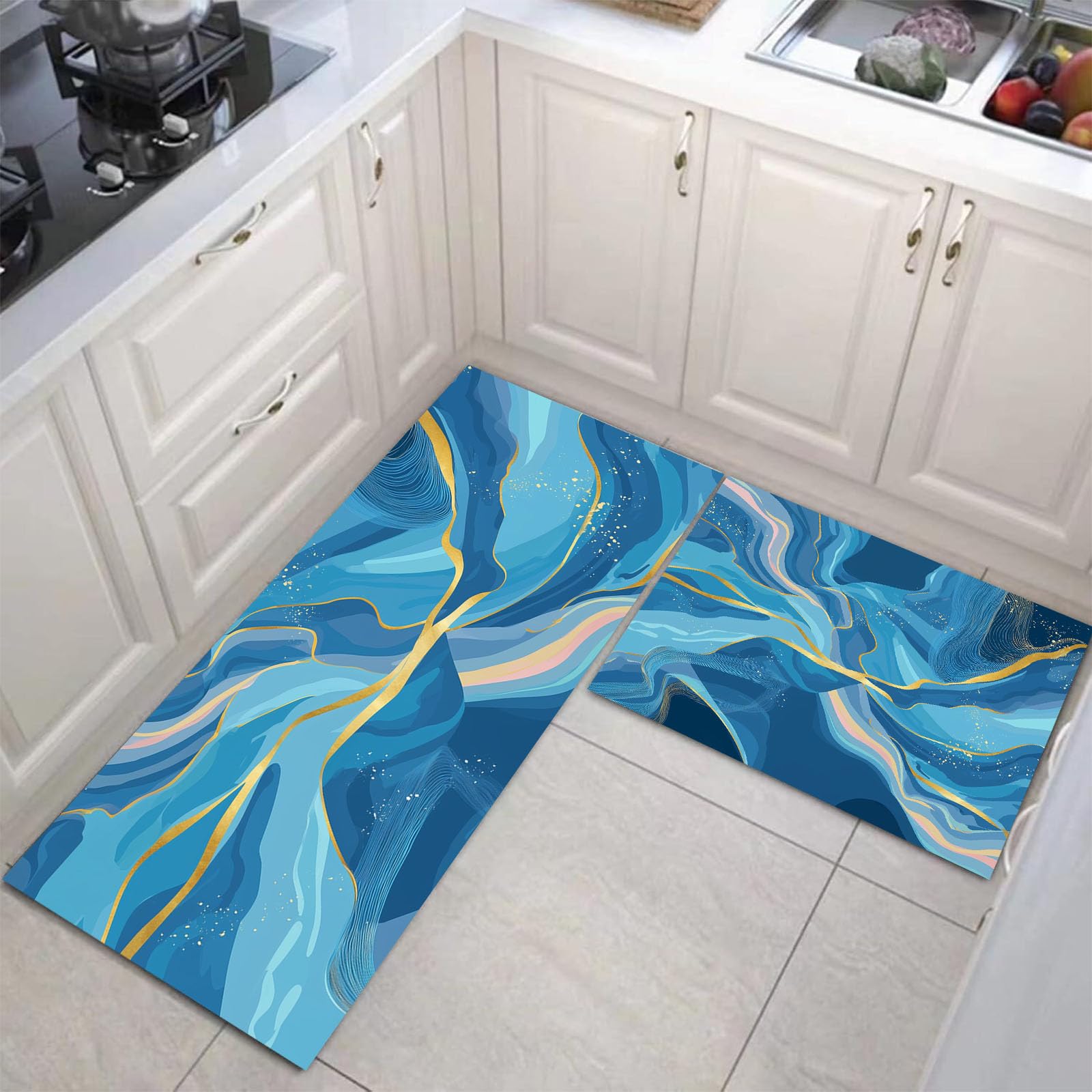 Tapis de cuisine lavable bleu royal lot de 2 design marbre abstrait doux