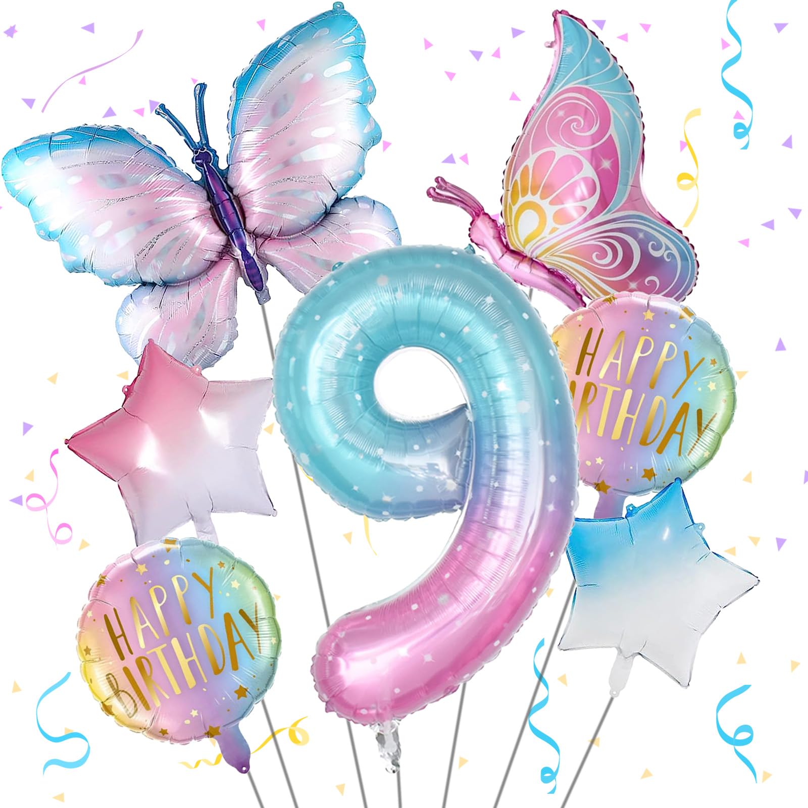Butterfly Balloons, 9th Butterfly Birthday Decorations for Girls, Fantasy Giant Number 9 Butterfly Foil Balloons Birthday Party Supplies, Aluminum