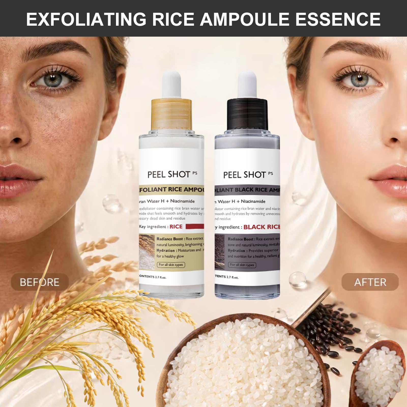 Siero Coreano Esfoliante al Riso, Peel Shot Glow Rice Ampoule Duo, Siero Esfoliante al Riso, Coreano Punti Neri Rimozione, Riduce Pori, Idratante e Illuminante, pelli sensibili (80ml* 2 Pack)