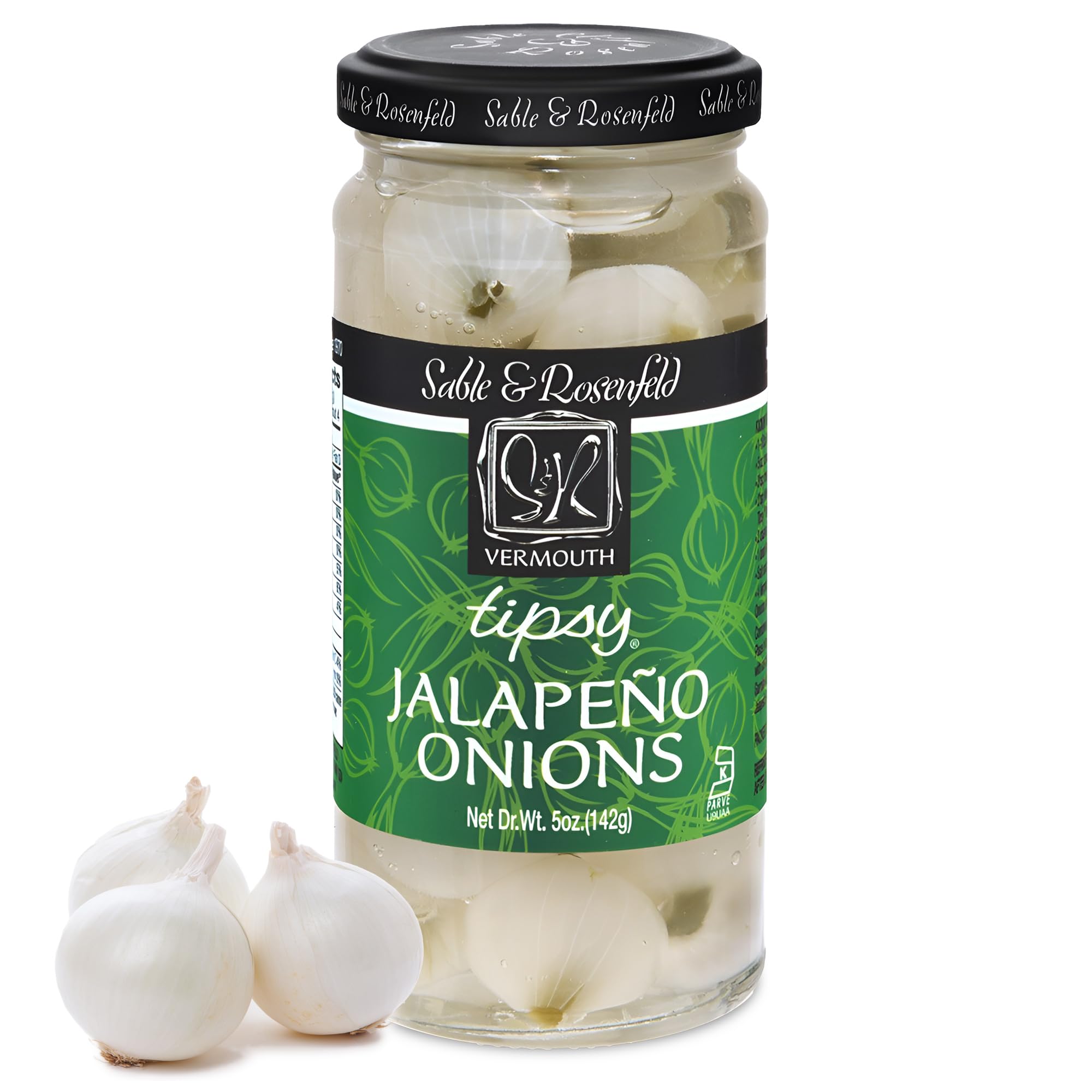 Sable & Rosenfeld Vermouth Tipsy Jalapeño Onions, 5 oz Jar (Pack of 1), Stuffed Pickled Silverskin Cocktail Onions, Kosher, Gluten-Free Martini Garnish