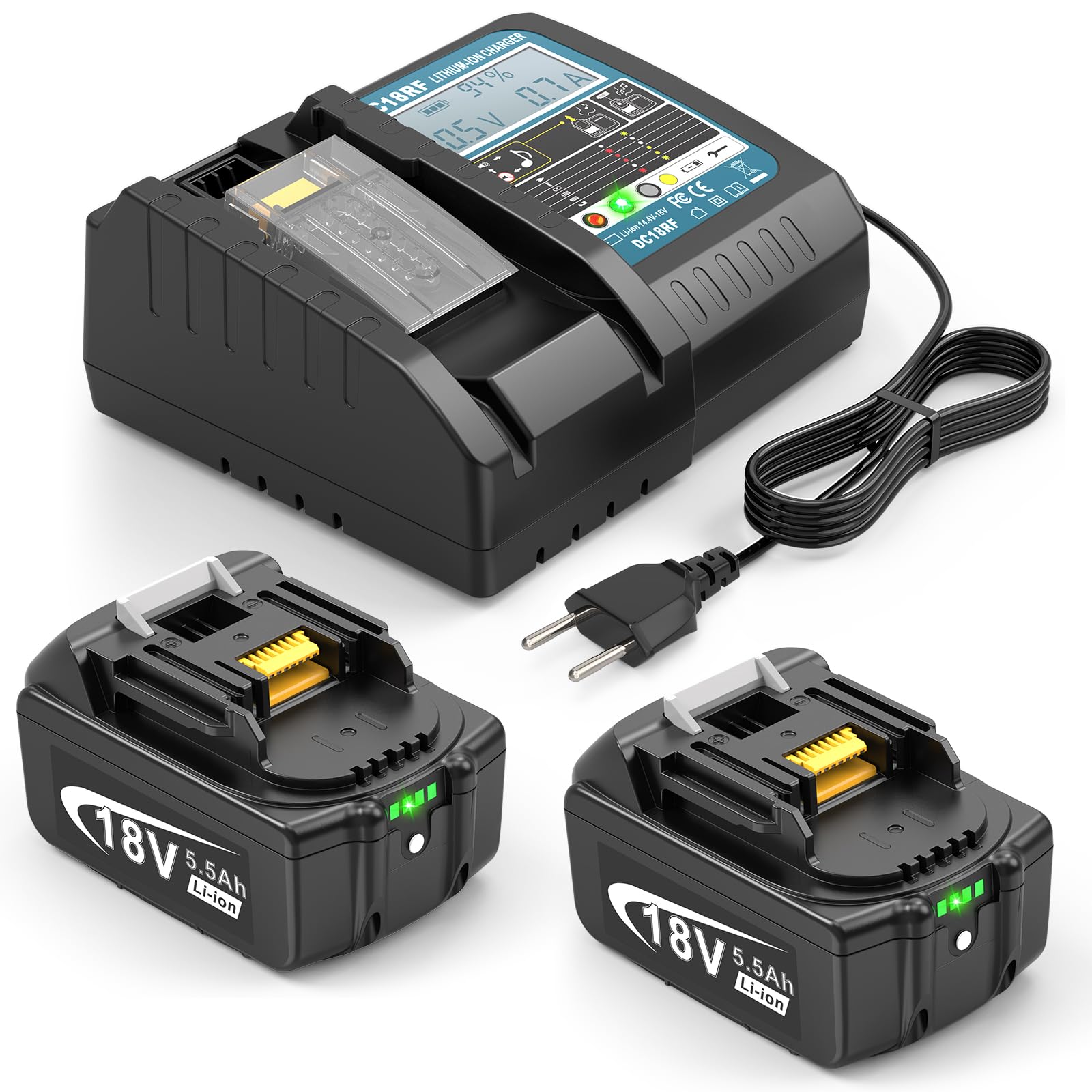Lot de 2 batteries et chargeur 5,5 Ah BL1850 pour Makita LXT, compatibles avec les batteries Makita 14,4 V-18 V Li-ion BL1815 BL1830 BL1860 BL1430 et chargeur rapide DC18RC