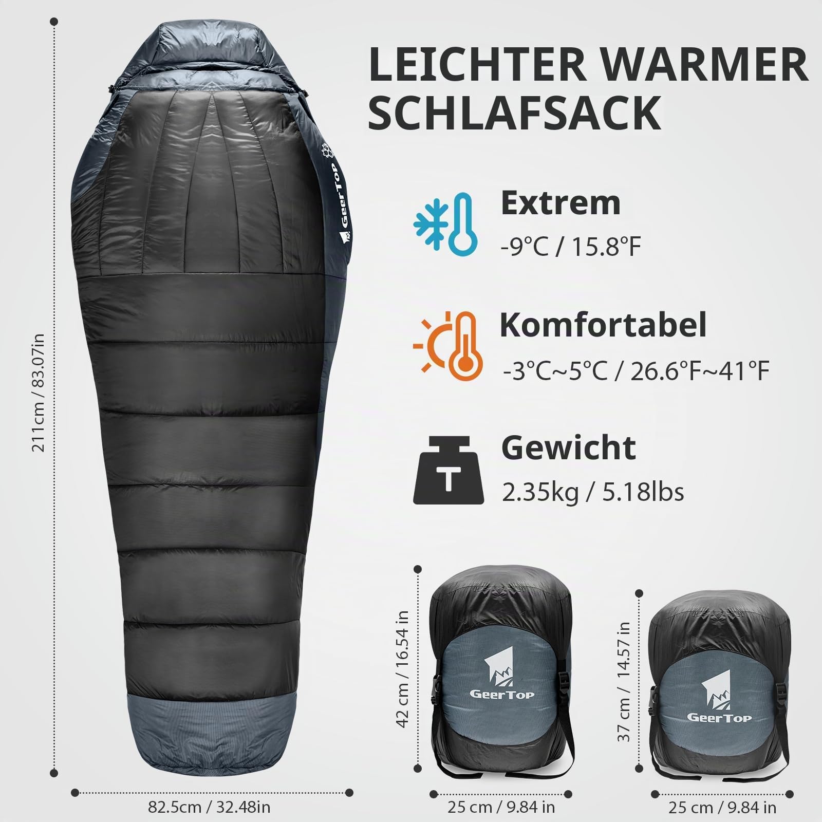 GEERTOP Mumienschlafsack für Erwachsene – Graphen-Technologie & Pflanzenfaser-Füllung, 3-4 Jahreszeiten Winterschlafsack (1500g, -3°C bis 4°C), Wasserabweisend, Warm für Camping & Auto-Reisen