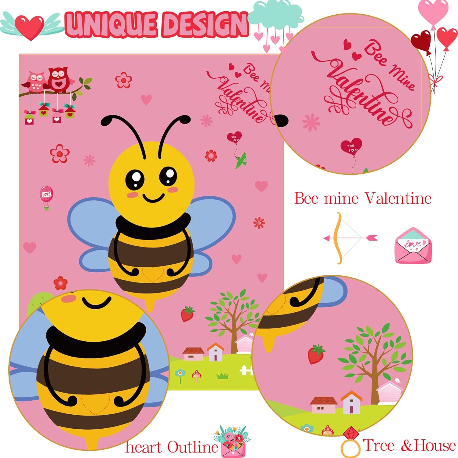 Valentines Day Games for Kids-Pin The Heart On The Bee-Valentine Day Activities for Girls Boys Toddles-Holiday Party Game Favors Supplies