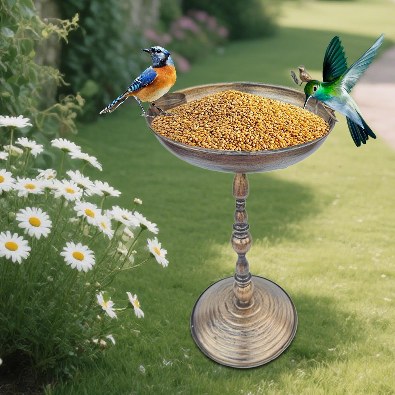 Bagno Per Uccelli Da Esterno - Vasca per Uccelli con Mangiatoia in Piedi | Arte in Ferro Con Statua Anticata Per Colibrì Pappagalli e Cocorite Da Cortile