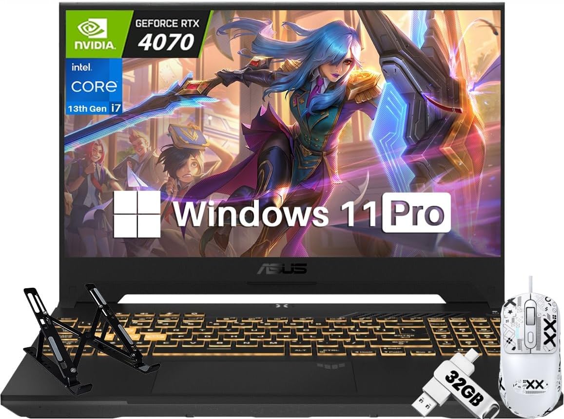 ASUS TUF Gaming Laptop, 15.6″ 144Hz FHD IPS Display, Intel 13th Core i7-13620H, NVIDIA GeForce RTX 4070, 64GB DDR5, 2TB SSD, Backlit Keyboard, Windows 11 Pro, Anti-Slip Mouse, Laptop Stand, 32 GB UFD