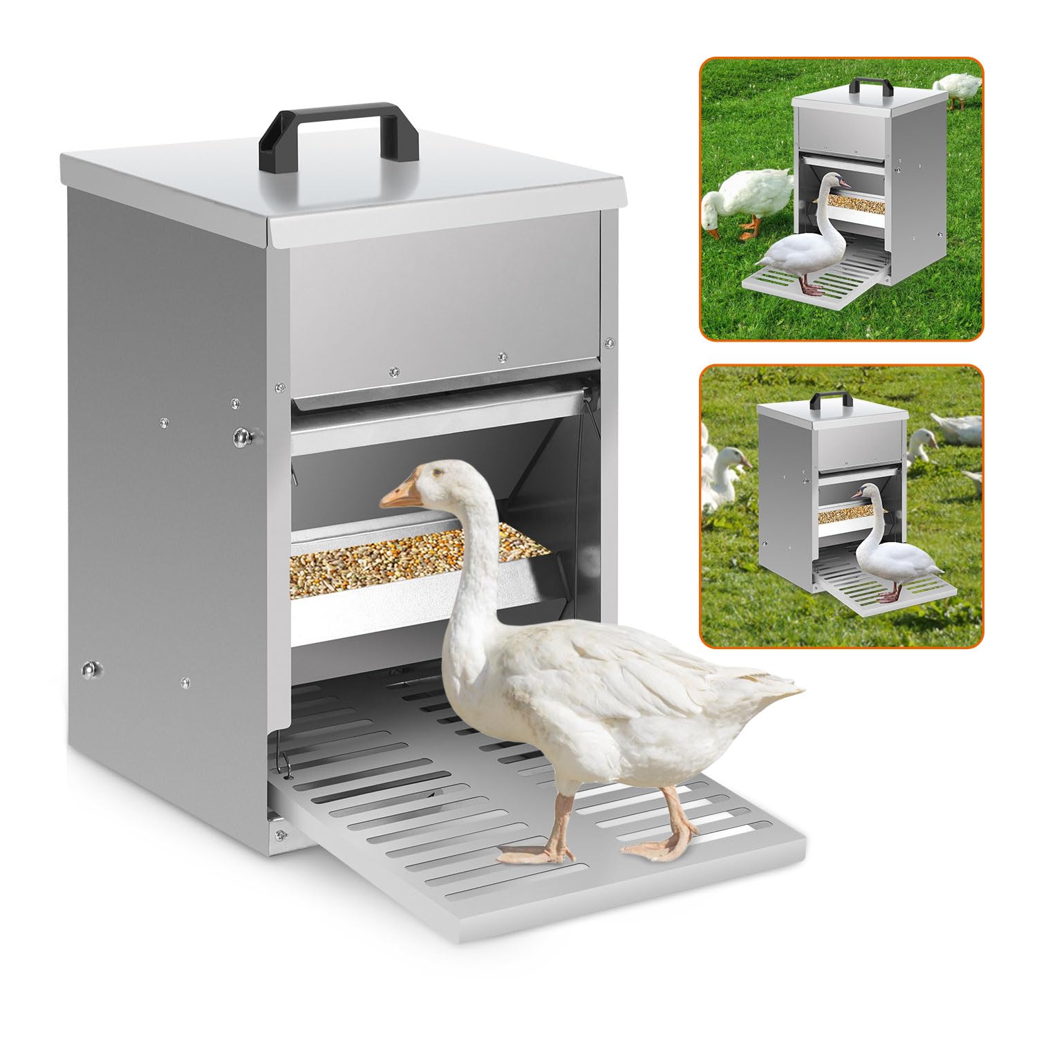 2 Dispensadores Pienso Automáticos para Gallinas, 5 kg, Galvanizado, Comedero para Pollos con Placa de Estribo, Tapa, Resistente al Agua, Comedero a Prueba de Ratas