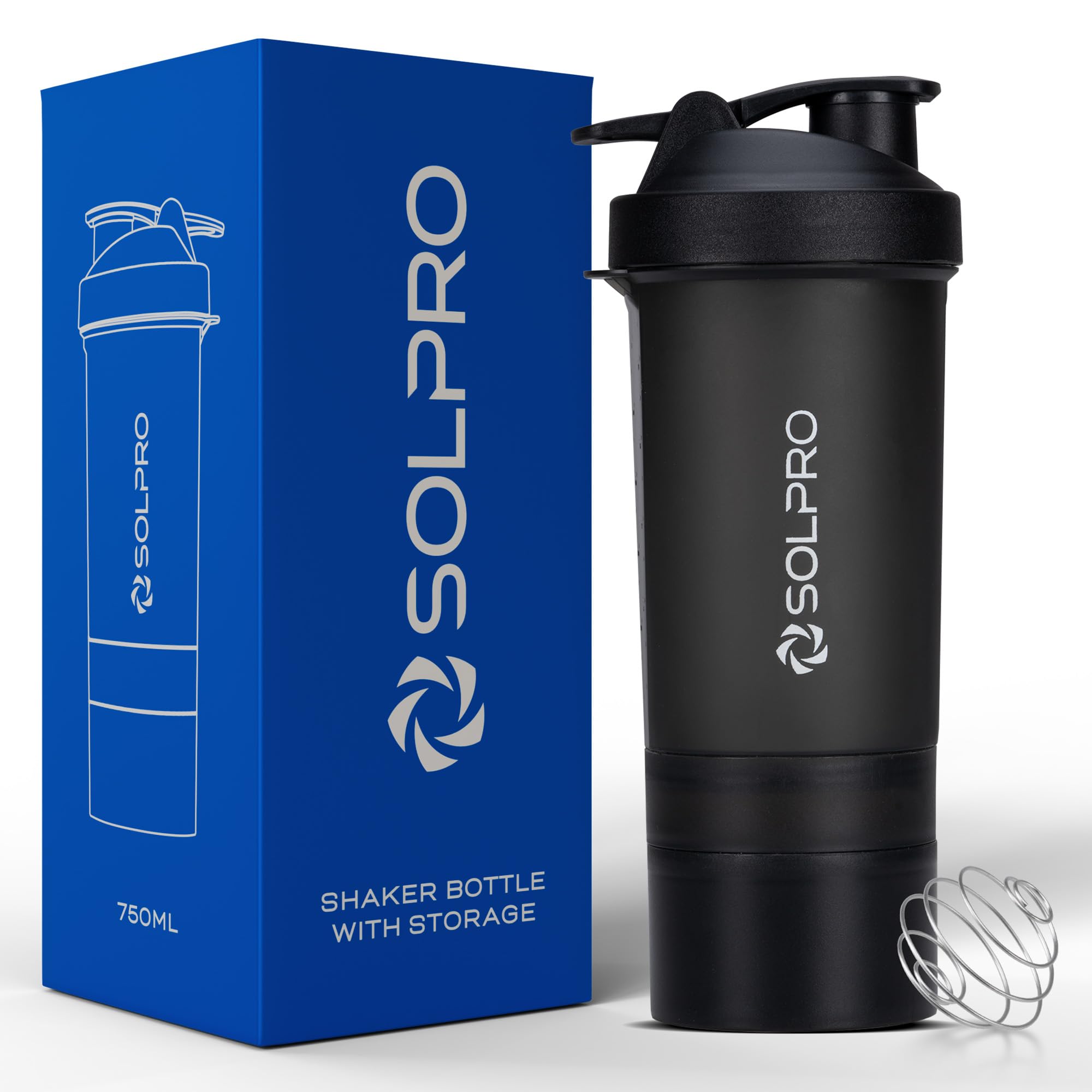 solpro ignite shaker bottle | 750ml | built in storage compartment | leak-proof and portable | non-slip grip | ideal for protein shakes, smoothies, pre workout and more | bpa free