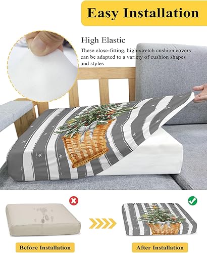 Miniatura 5 de Grey Christmas Couch Cushion Covers, Stretch Sofa Cover with Elastic Bottom, Xmas Tree Balls Snowflake Gray Striped Sofa Slipcovers Protector