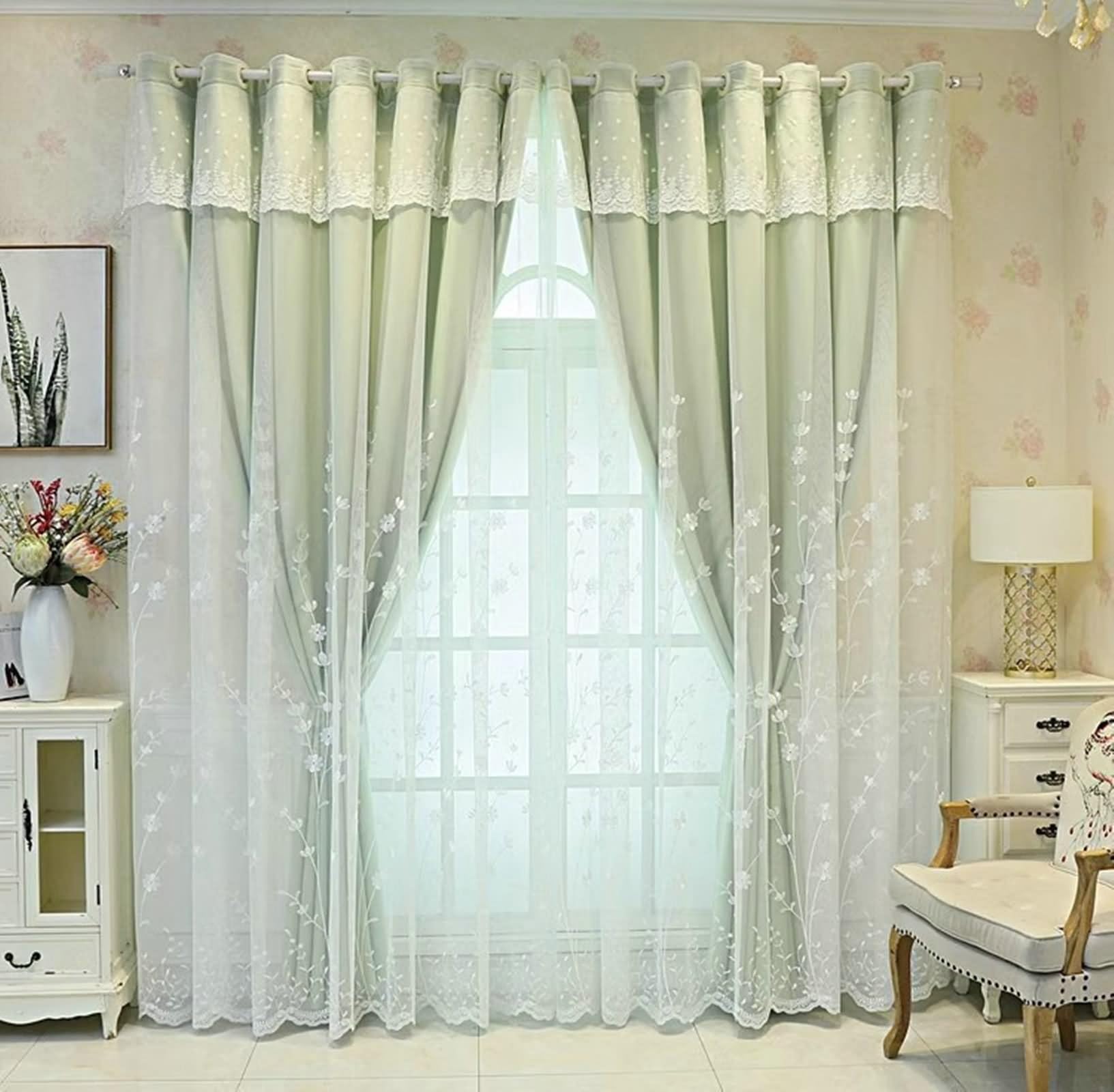 Retro Sypialnia Kurtyna, Zielona Zasłona Dwuwarstwowa Sypialnia z kwiatowym haftem Poliester 2 panele 107W x 229L cm