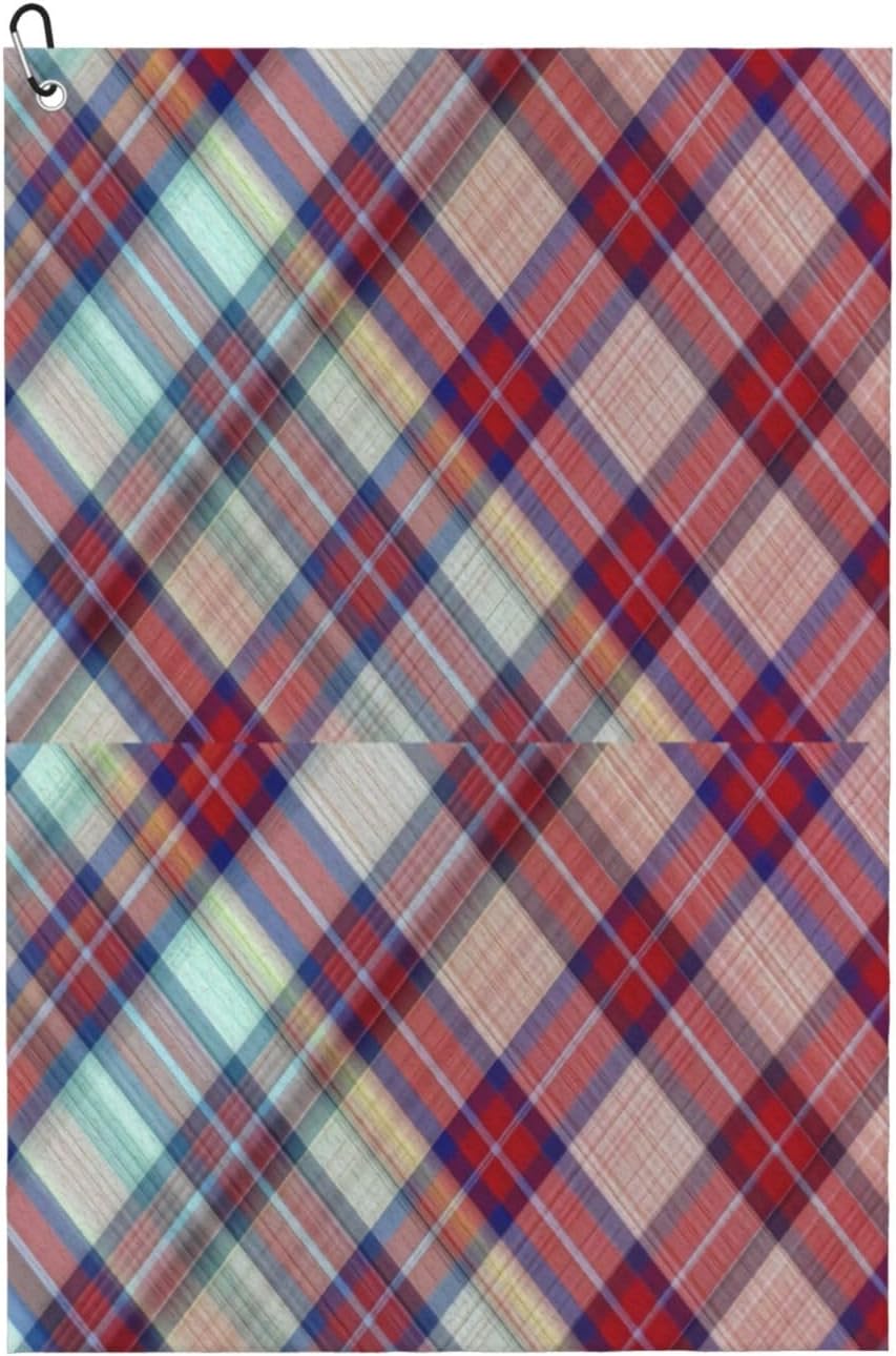 Plaid-Cotton-of-Colorful-and-Abstract-Texture Microfiber Golf Towel with Carabiner Clip, 16x24 Inch Absorbent Waffle Weave Towel for Golf Bags