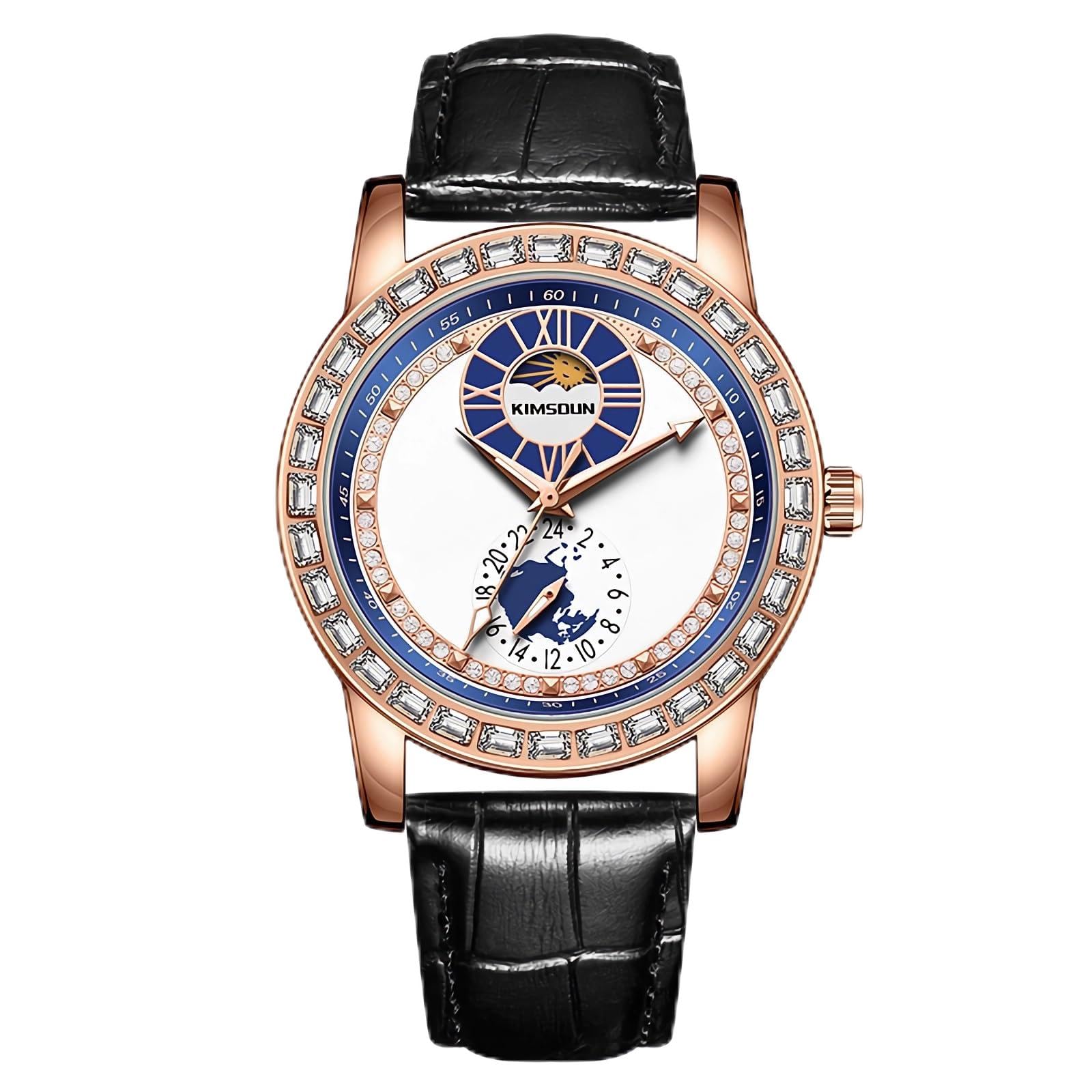 Relojes automáticos para hombre, reloj de diamante, correa de cuero, reloj mecánico de cuerda automática, sol, luna, estrella, para hombre, elección ideal para regalos