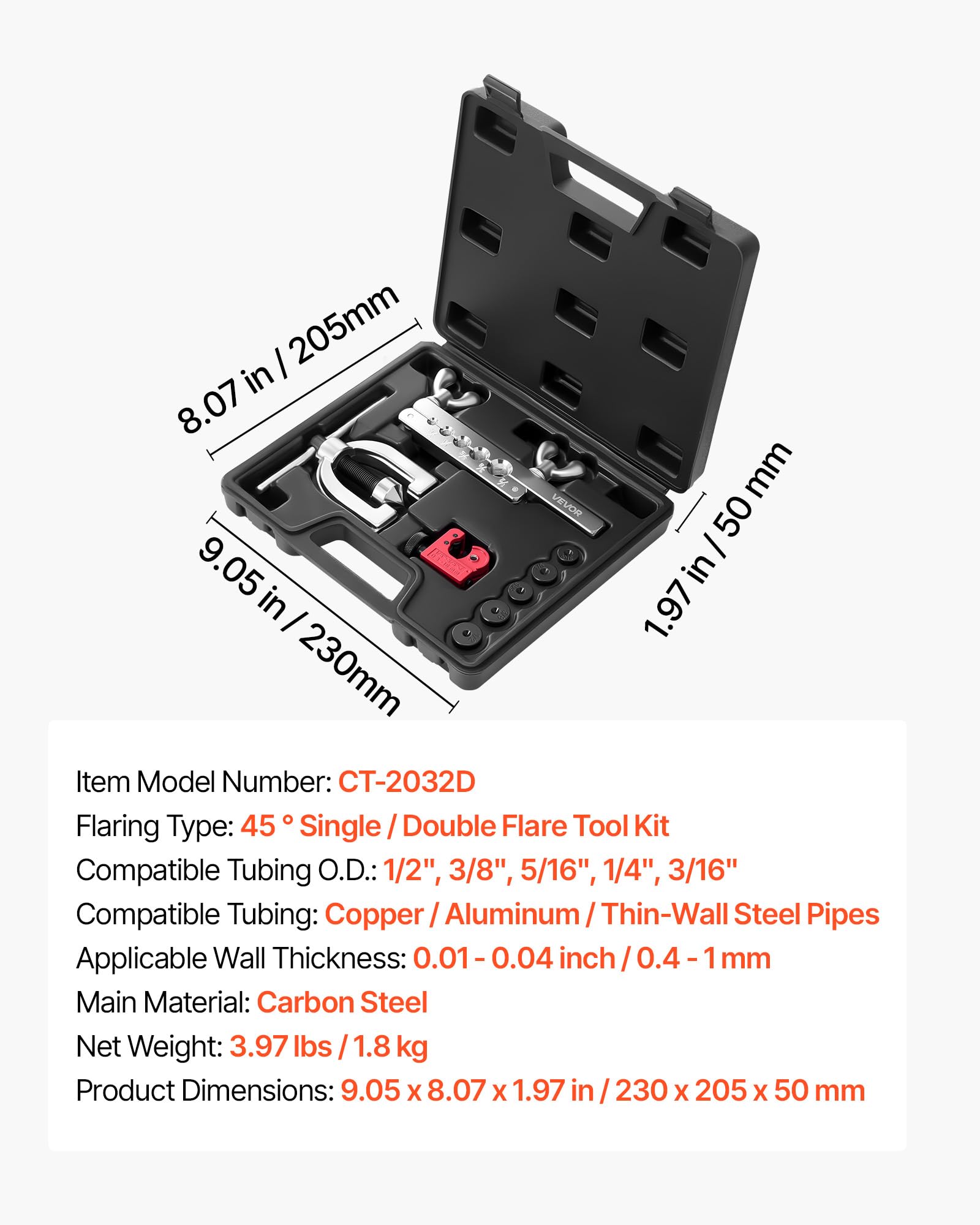 VEVOR Herramienta Abocardador Tubos de Freno, Kit de Reparación de Líneas de Freno 45 Grados Doble y Simple, Cortatubos, Adaptadores, Barra, Cono, Uniones Roscadas para Tubo de Cobre de 4,76 x 12,7 mm