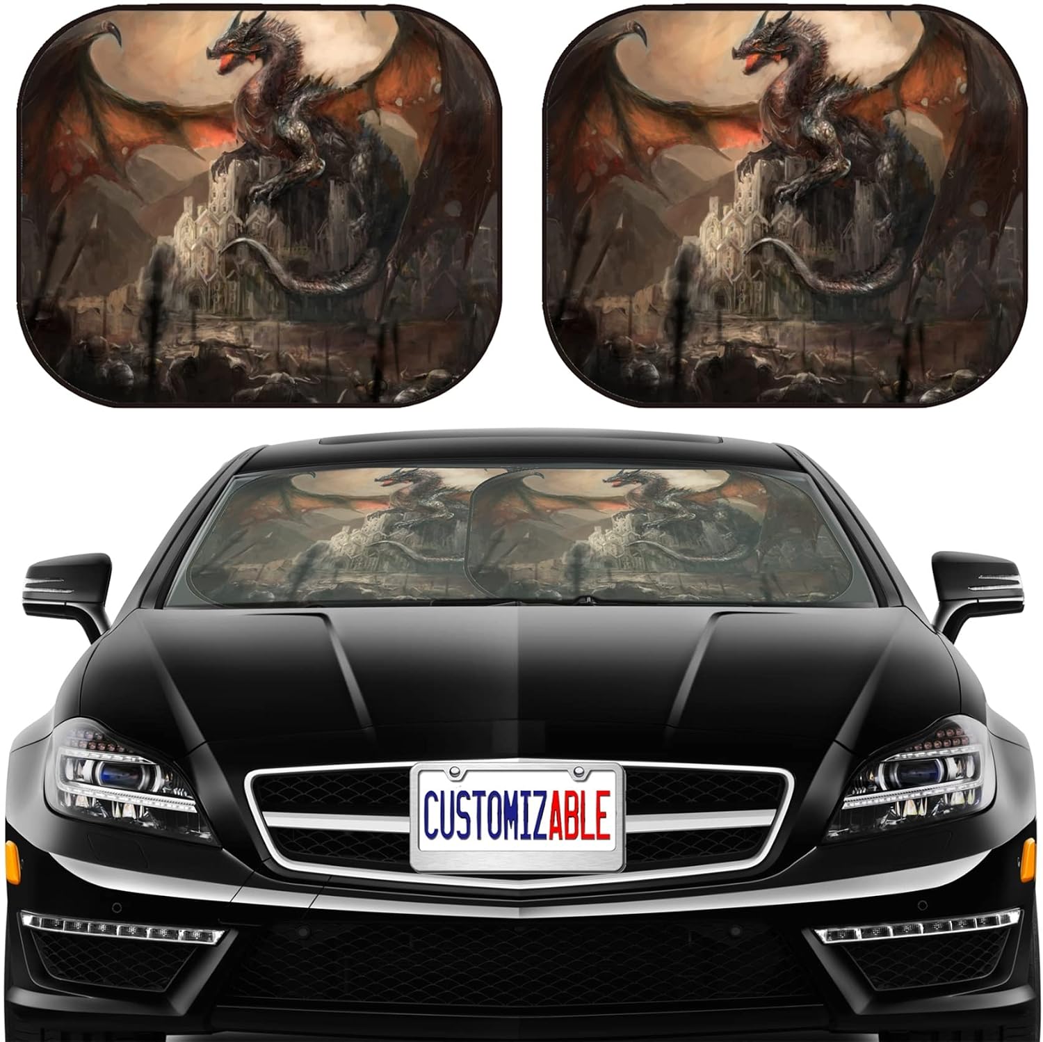 MSD Car Sun Shade Windshield Sunshade Universal Fit 2 Pack, Block Sun Glare, UV and Heat, Protect Car Interior, Image ID: 29391993 War with The Dragon on Castle