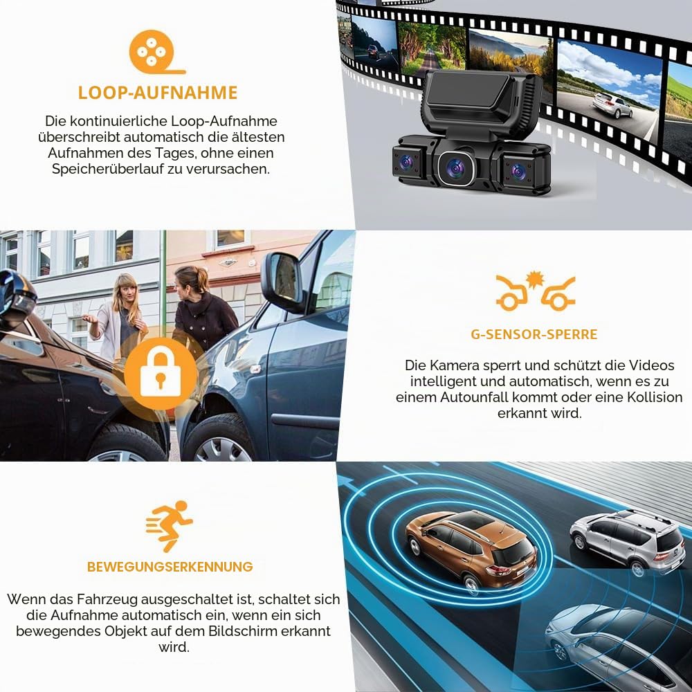 4-Kanal-Dashcam mit WLAN und Nachtsicht,360° All-Around Protection,4-Channel 360° Dash Cam,4 Kanal Dashcam Auto Vorne Hinten Innen Seiten mit Nachtsicht,G-Sensor (64G,Zigarettenanzünder)