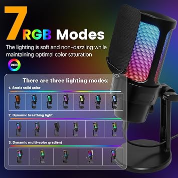 VCOM Gaming USB Microphone, Condenser Dynamic Mic for Podcasting, Streaming, with Quick Mute, Desktop Stand, Pop Filter, RGB Indicator, Shock Mount, Rotate gain Button, Compatible with PS4/5/PC