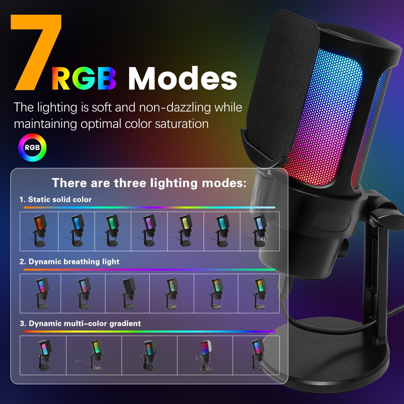 Micrófono USB para juegos para PC, micrófono dinámico de condensador VCOM con silencio rápido, indicador RGB, soporte de escritorio, filtro pop, soporte de choque, monitoreo para transmisión,