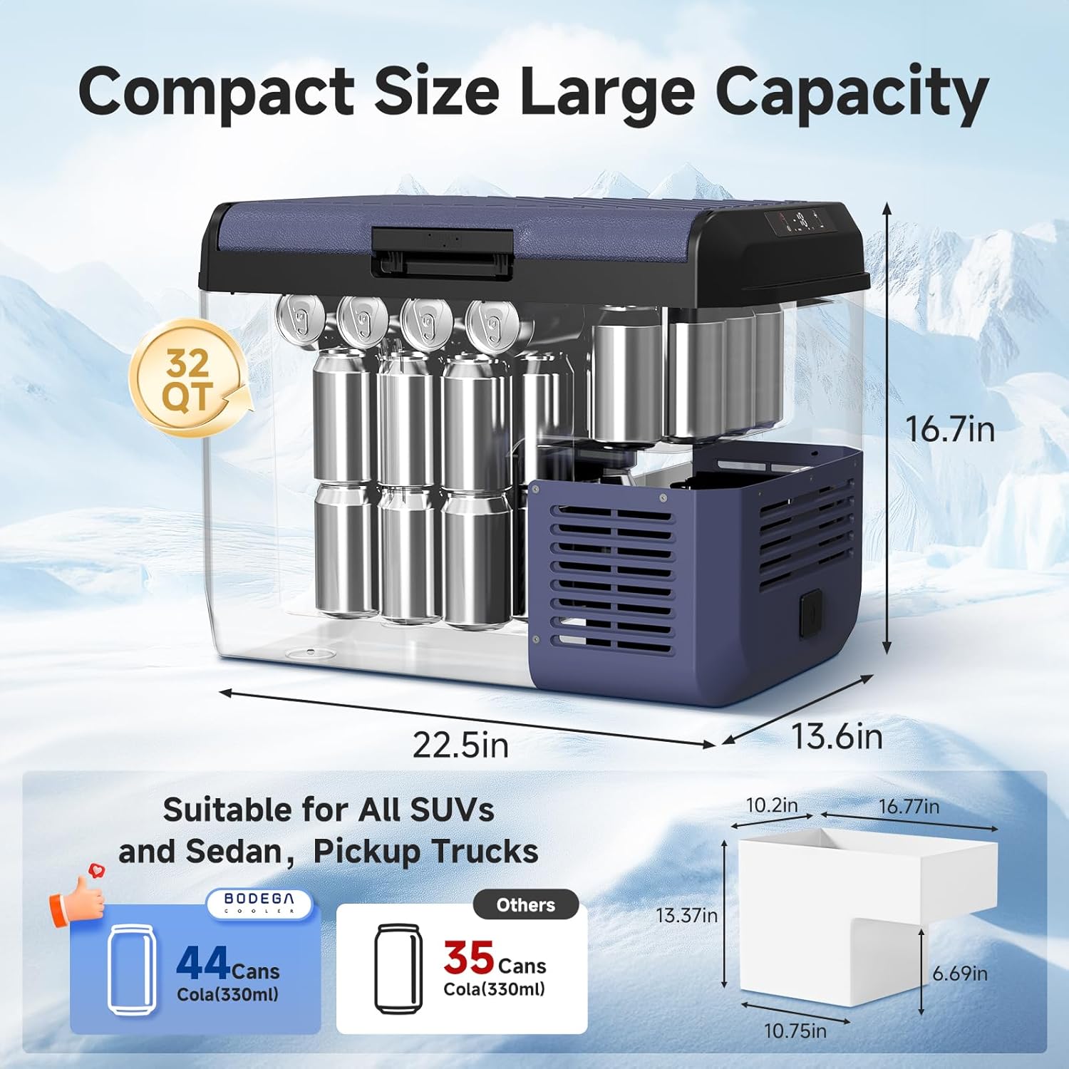 BODEGA 12 volt Car Refrigerator -32 QT Portable Freezer IPX4 Waterproof Car Fridge Electric Cooler Ultra-Quiet for Truck Van Camping Travel 12/24V DC 110~240 Volt AC,-4℉~68℉