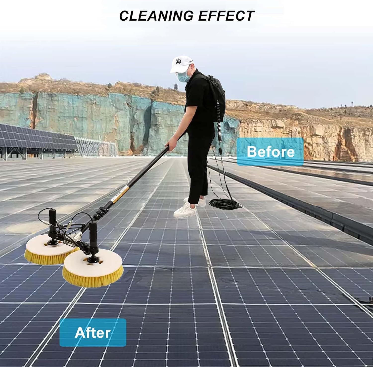 Solar Panel Cleaning Roller Brush - 360° Adjustable Angle, Water Fed Cleaning Pole Kit, 7.5M/24.ft Extendable Outdoor Roof Glass Cleaner Tools, with 10 m Extension Hose, with Wired