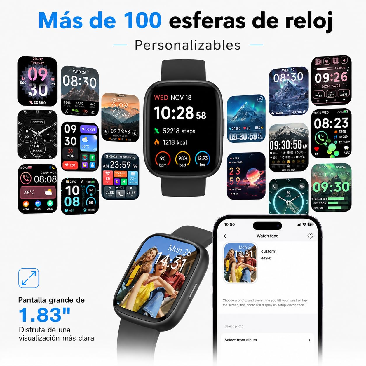 VRPEFIT - Smartwatch Hombre/Mujer, notificaciones Whatsapp, Pantalla táctil 1.8" HD, Llamadas Bluetooth, Ritmo cardíaco, SpO2, sueño, 100+ Modos Deportivos, IP68, Android/iOS