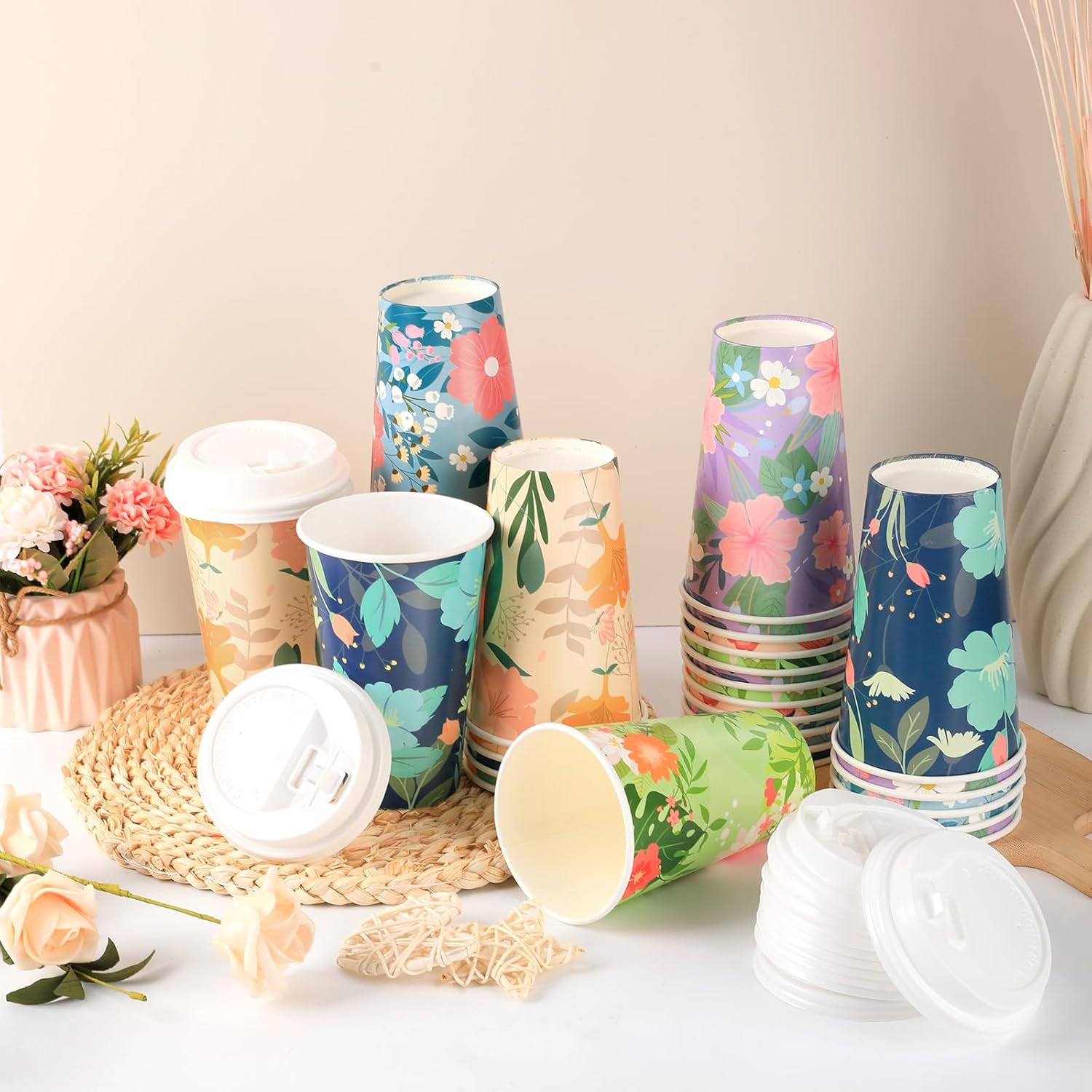 Disposable Paper Cup 16 oz 48-piece Coffee Cups with Lids, 6 Spring Floral Design Drinking Paper Cups for Floral Themed Birthday Party Bridal, Wedding, Tea Party, Baby Shower - Image 3
