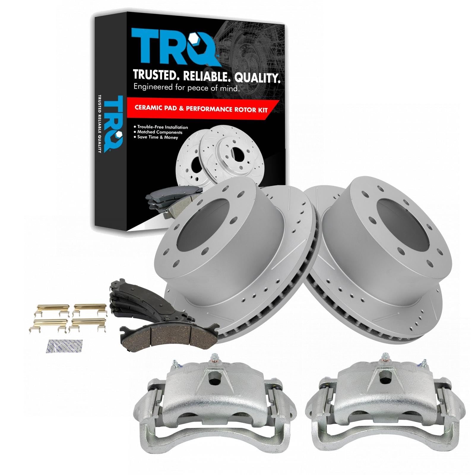 TRQ Rear Ceramic Brake Pad Performance Rotor &amp; Caliper Kit Compatible with GM Dually