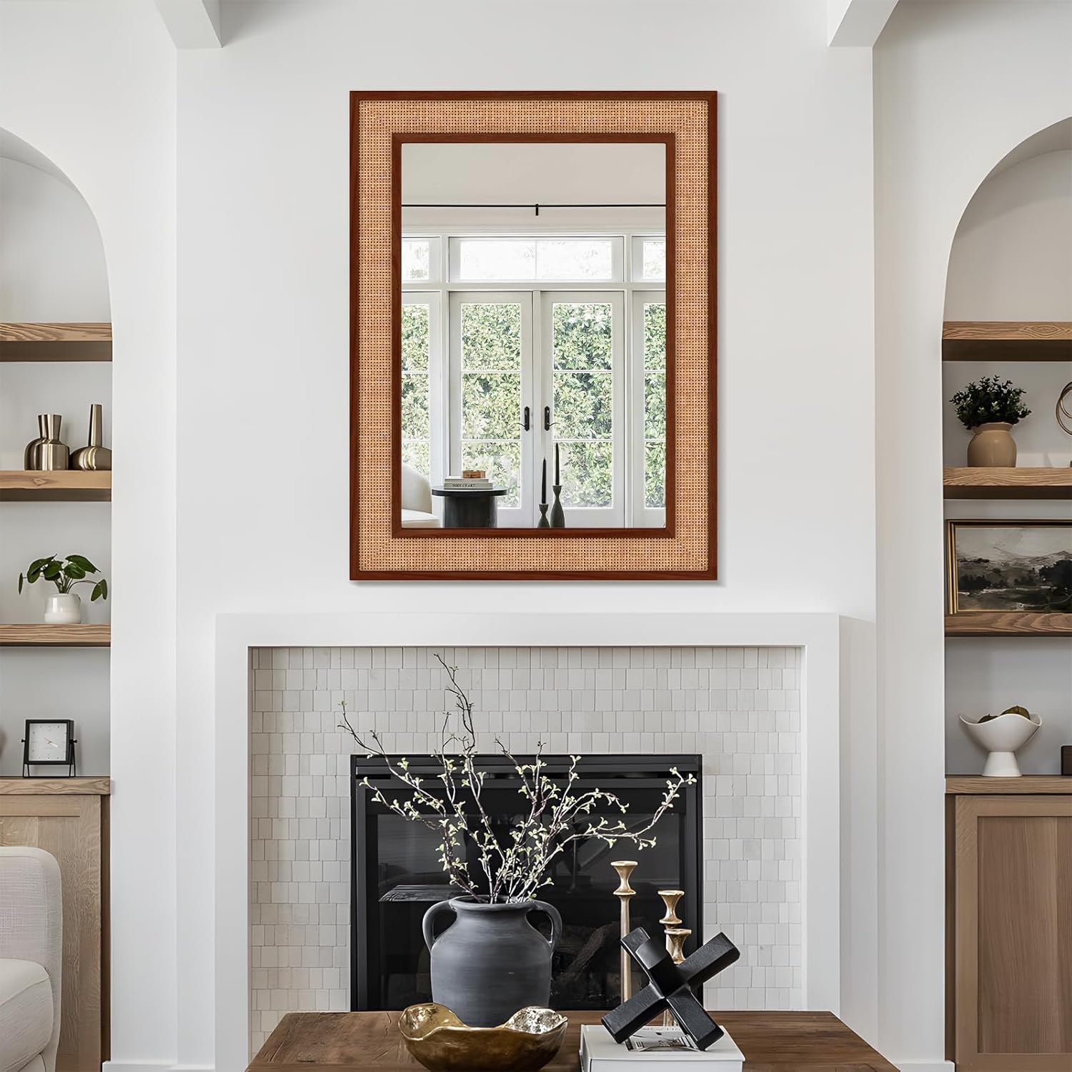 Condition photo showing New/Like New for rattan wall mirror with wooden framed 24 x 32 inch farmhouse rectangle wood mirror for modern decorative bathroom, living room, entryway, bedroom (walnut)