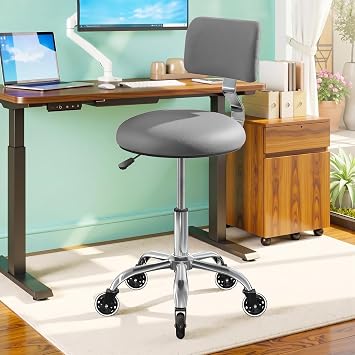 Rolling Stool Chair with Wheels, Office Drafting Chair with Back Support, Height Adjustable Standing Desk Stool with PU Leather Cushion for Home Office Kitchen Vanity Salon Garage Tattoo Dentist, Grey