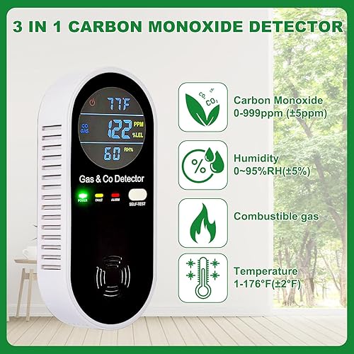 Miniatura 2 de Detector de gas combustible y monóxido de carbono 4 en 1 alarma con sensor de temperatura/humedad - Detector de fugas de CO/gas enchufable para el