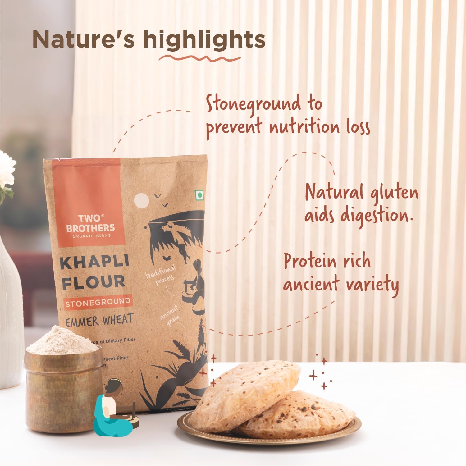 Ancient Grain Khapli Wheat Flour (Emmer Atta) 2 KG | 10,000-Year-Old Heirloom Grain | 50% More Fiber, 50% Less Gluten Than Regular Atta | Low GI for Diabetes & Digestion | Stoneground, GMO-Free, Glyphosate-Free | Two Brothers Organic Farms