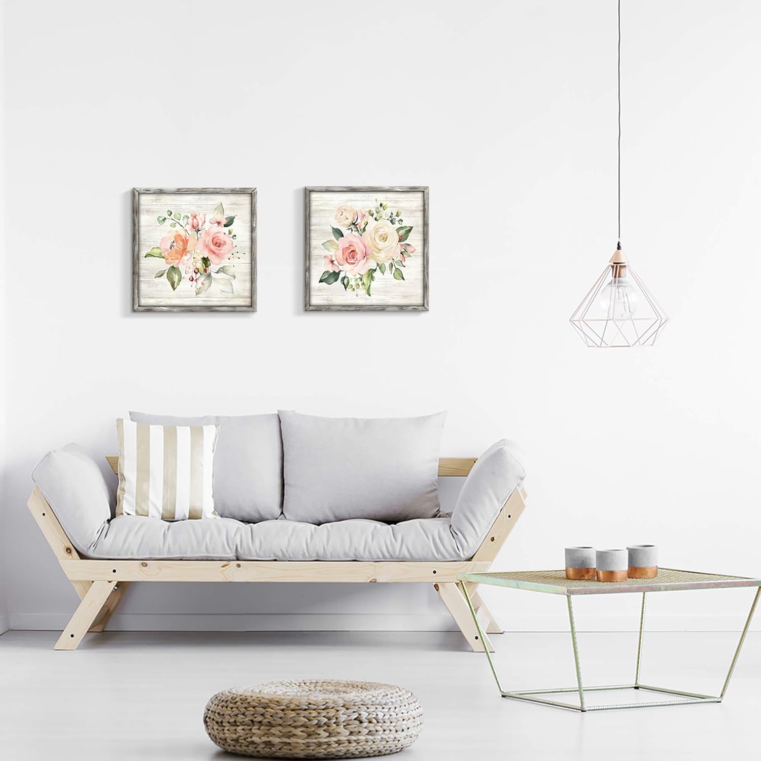 Flowers Wooden Picture Wall Art: Floral Painting Blossom Artwork Prints Framed for Bedroom or Office (20" x 20" x 2 PCS, Multiple Sizes/Material)