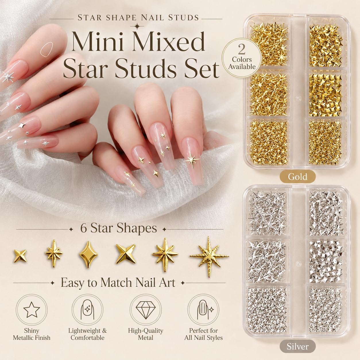 Metal Star Rivet Nail Charms in Silver or Gold 6 Sizes 3-9mm 3D Starlight Studs Storage Box About 200 Pcs for DIY Manicure Decoration (Gold)