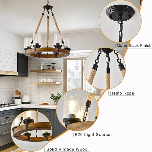 Miniatura 3 de Wagon Wheel - Candelabro de 6 luces para comedor lámpara de madera redonda con pantalla de cristal lámpara de techo colgante rústica para sala de