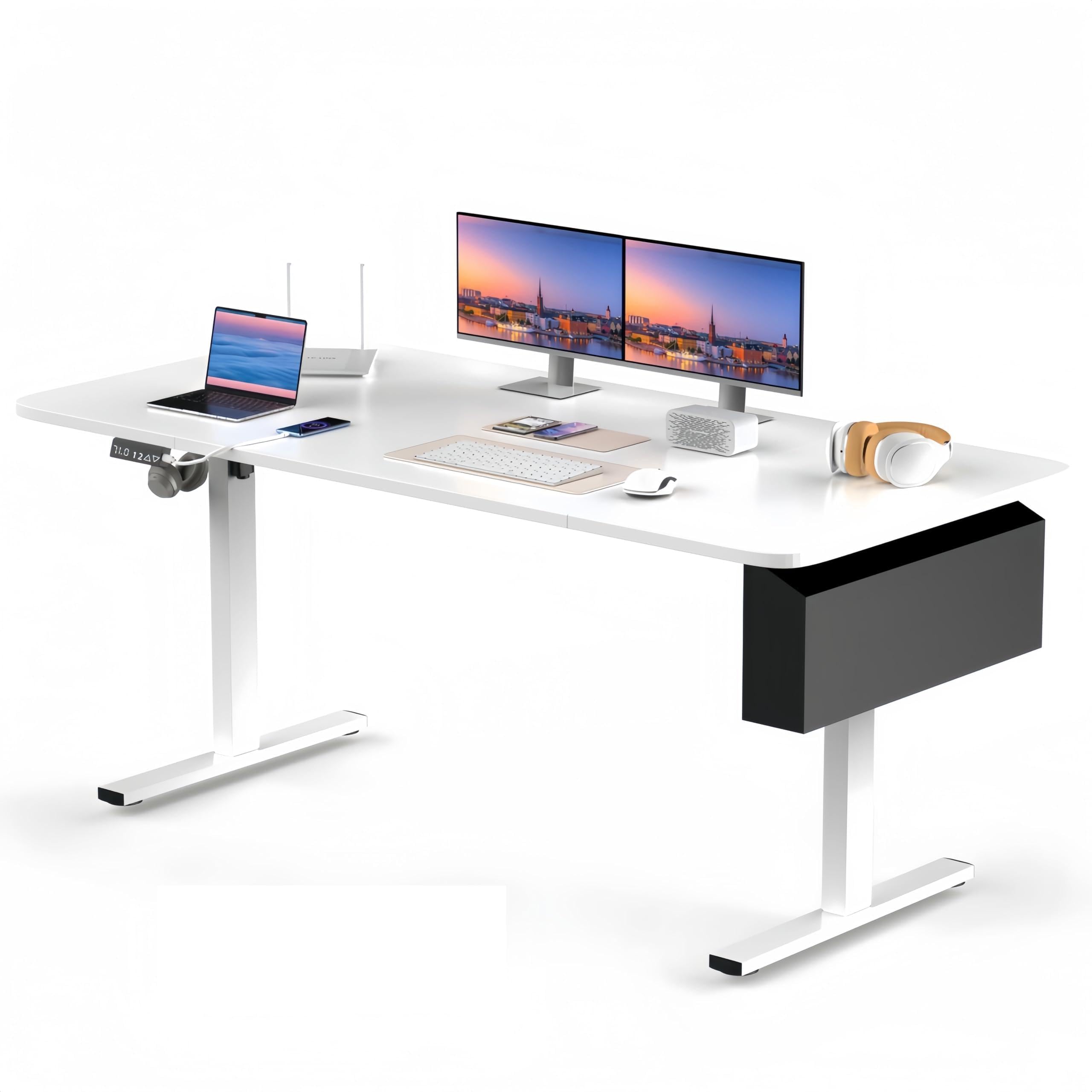Höhenverstellbarer Schreibtisch 160x75cm,Elektrisch Gaming Tisch mit Lichtleiste,USB,Tasche und Haken,2 Memory Funktion,Ergonomischer Elektrischer Stehschreibtisch für Homeoffice lernbüro,Weiß