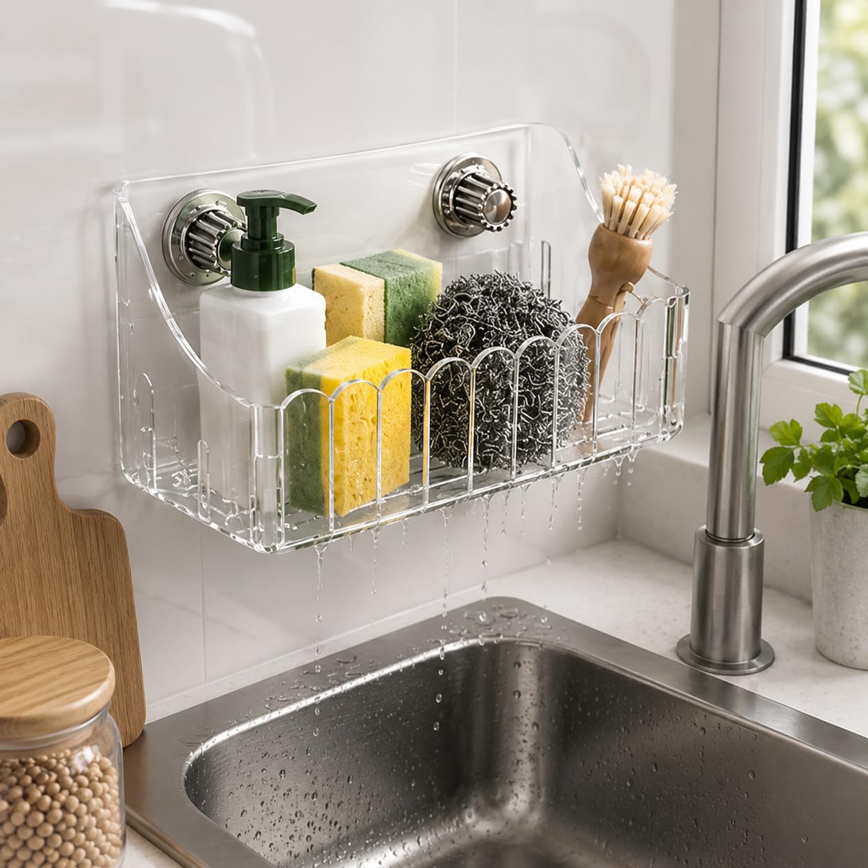 Self Adhesive Bathroom Shelf Organiser, Transparent | No Drill Wall Mount, Suction Cup Fitting, Hollow Drainage Design, 24x12x13 cm, Kitchen & Bathroom Use-image-14