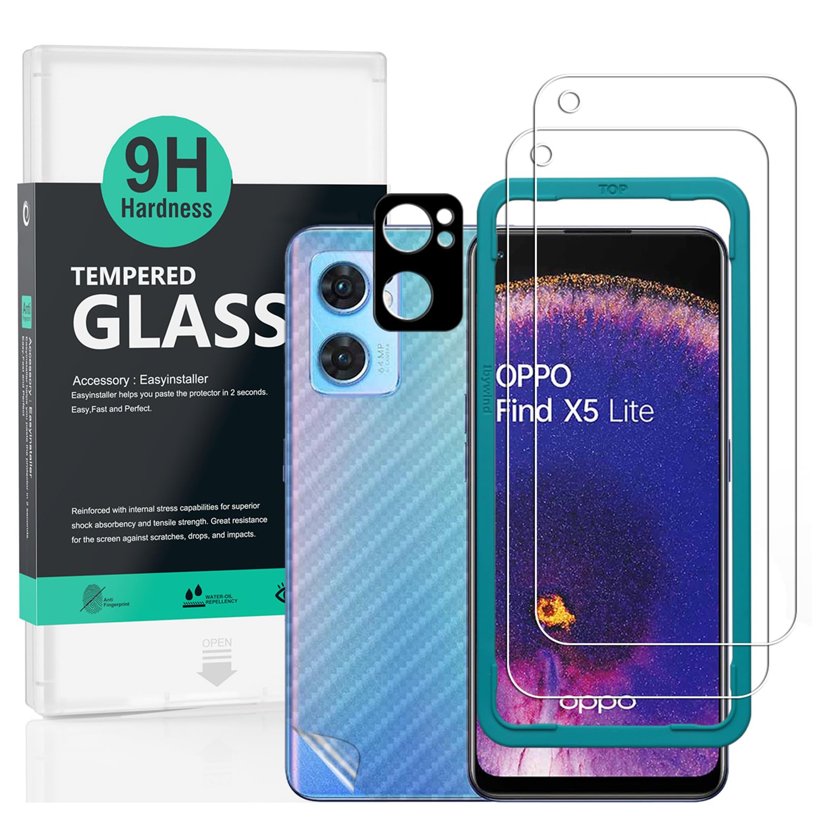 Ibywind[Pack of 2] Screen Protector for Oppo Find X5 Lite 5G 6,43",with Metal Camera Lens Protector,Back Carbon Fiber Skin Protector,Including Easy Install Kit