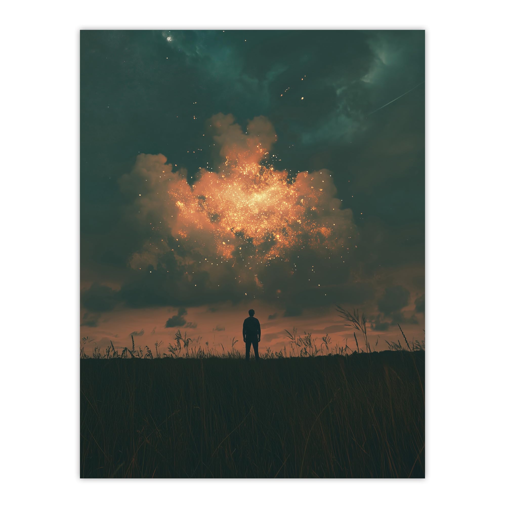 Artery8 Dreamy Firefly Cloud Magical Sky Wall Art Print - W24 inch x H32 inch - Dark Blue