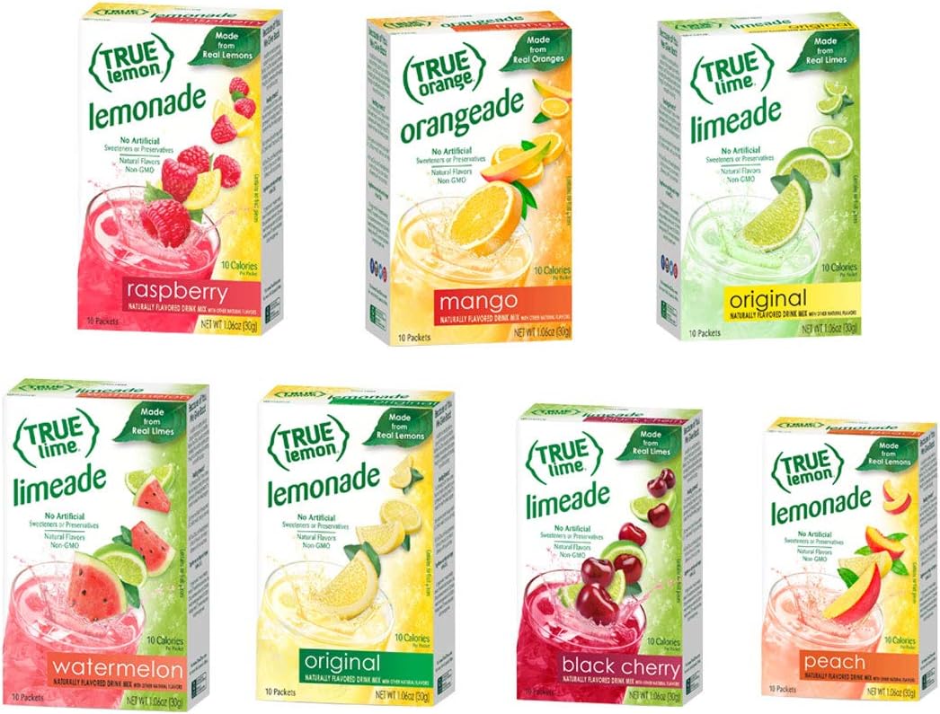 True Lime 7 flavor variety Pack: WATERMELON AQUA FRESCA, LIMEADE, Original Lemonade, Peach, Black Cherry, Raspberry & Mango Orange. True Citrus Assorted Beverage Pack: (7 boxes), Red