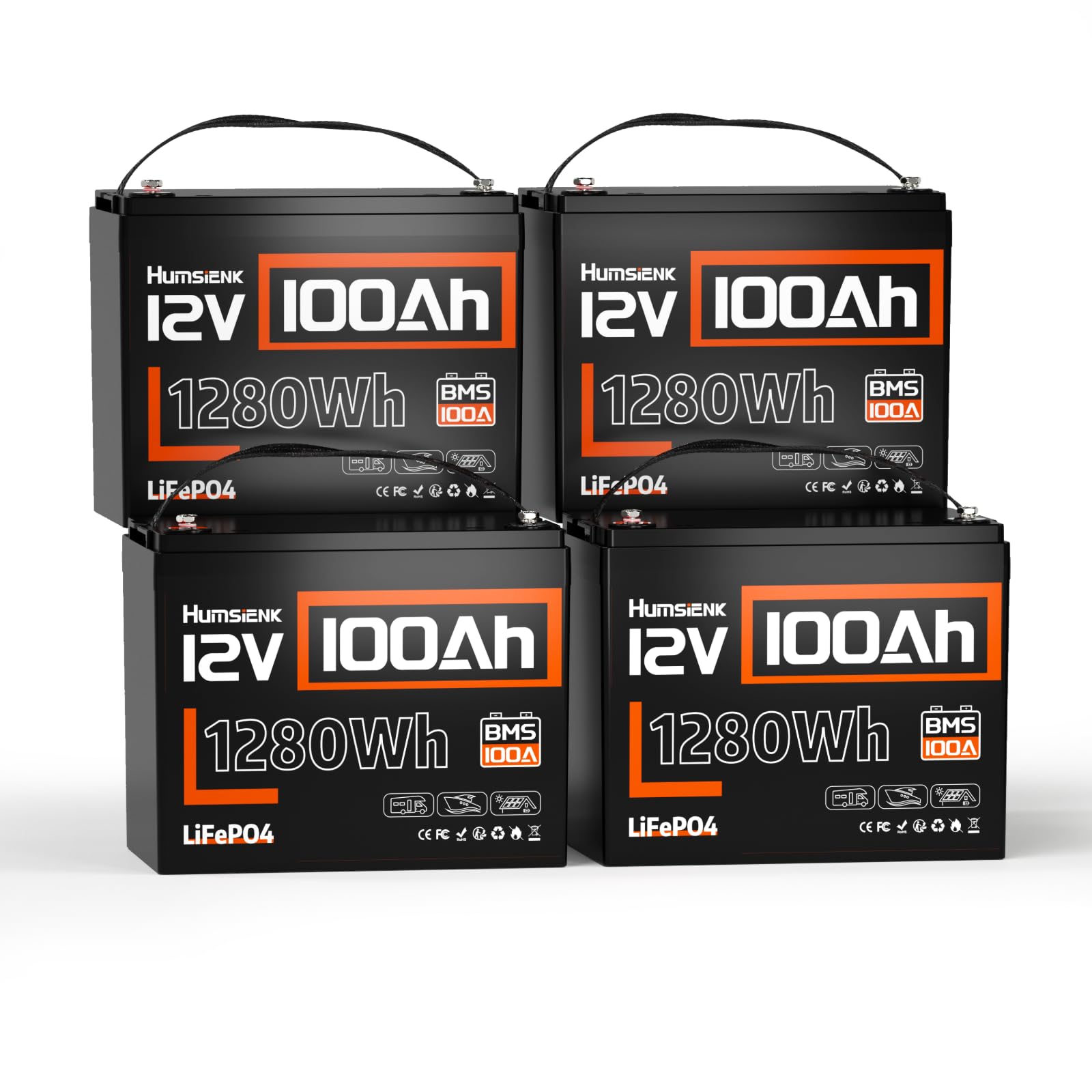 HumsiENK 4PACK 12V 100Ah LiFePO4 Battery Lithium Built In 100A Smart BMS Portable Group 24 Size Lithium 1280Wh Battery 15000 Deep Cycles 10 Years Lifespan for RV Solar Energy Off Grid Trolling Motor