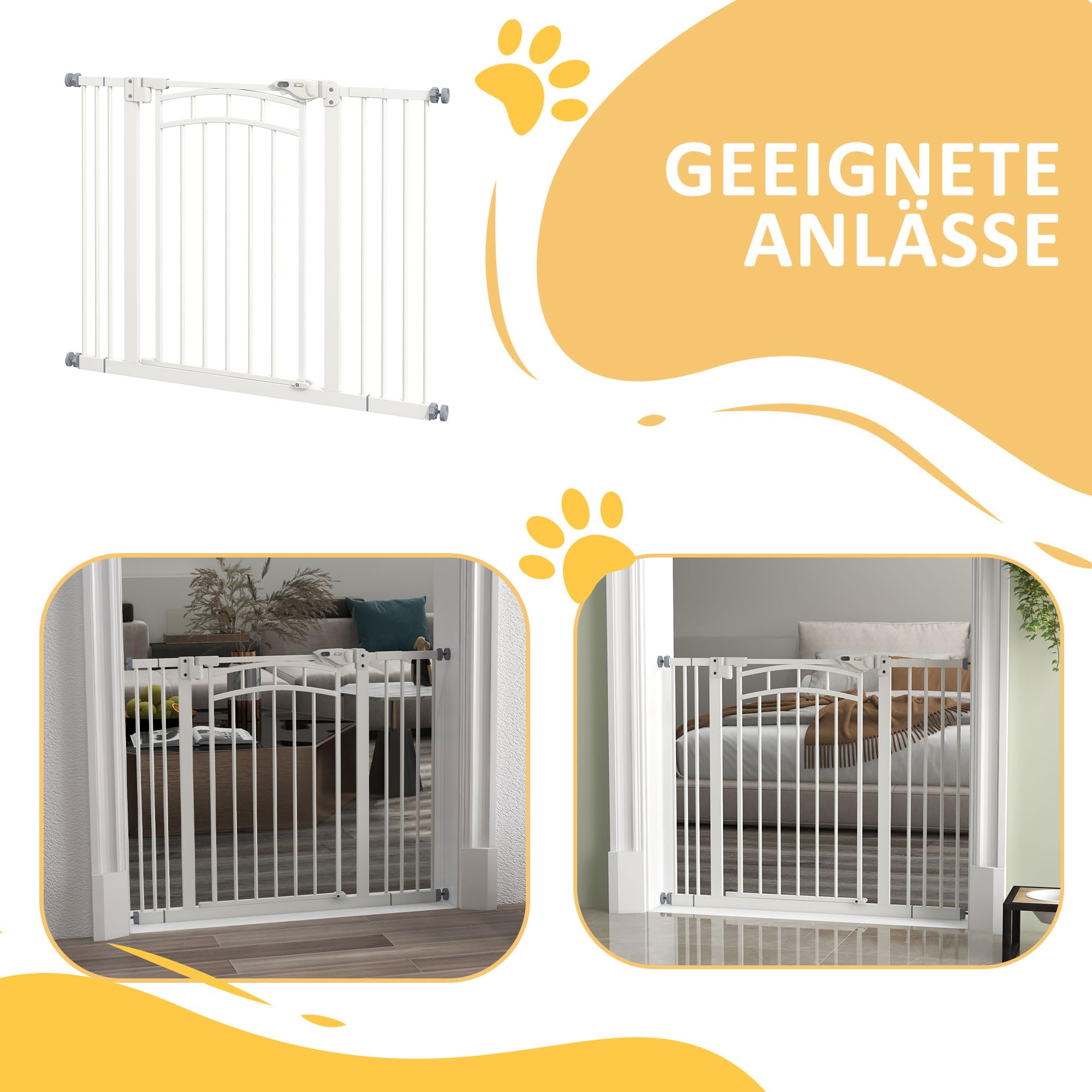 PawHut Stair Gate Dog Door Gate with Two Extensions, Barrera para Perros con Puerta de Cierre automático, Apertura con una Sola Mano, 74-100 cm, para Perros pequeños y medianos, Blanco