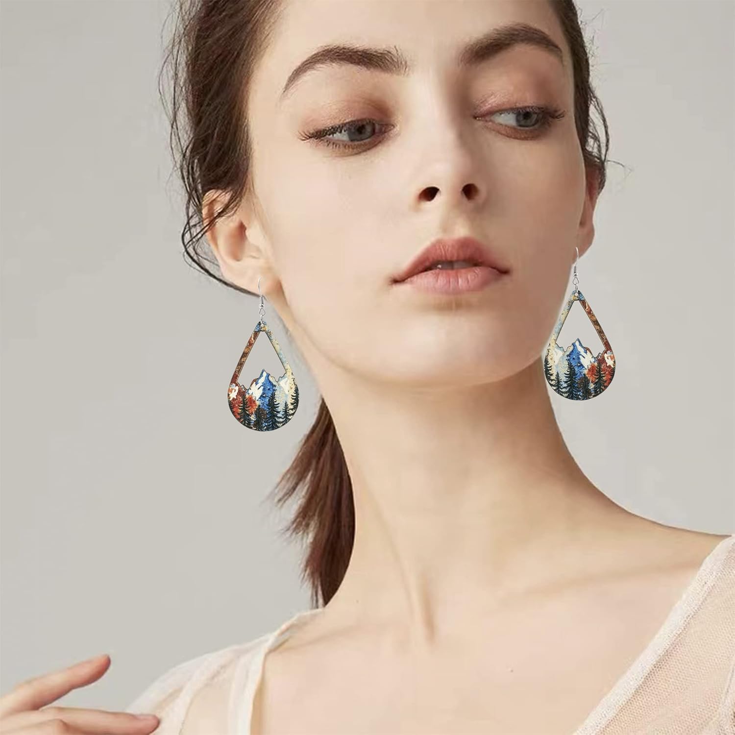 Handmade Bohemian Colorful Vintage Nature Wooden Mountain Dangle Drop Earrings Boho Lightweight Wood Hollow Teardrop Hook Earring with Tree Pattern for Women Statement Outdoor Enthusiast Jewelry Gifts - Image 5