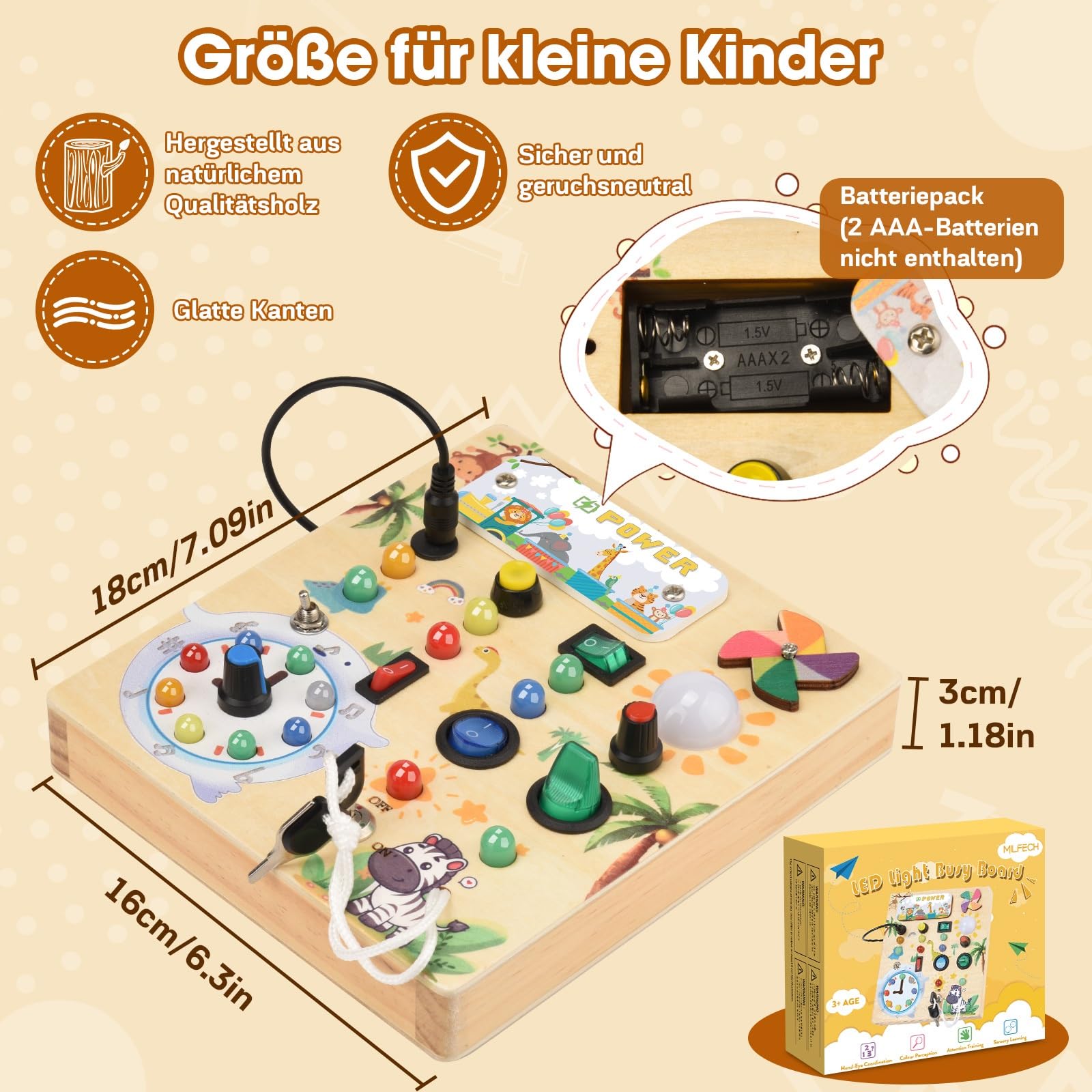 MILFECH Montessori Spielzeug Busy Board, Aktivitätsbrett Holzspielzeug mit 10 Schaltern und 17 LED-Lichtern Sensorik Spielzeug Motorikspielzeug für Babys Kinder ab 1 2 3 Jahr(Massivholz)