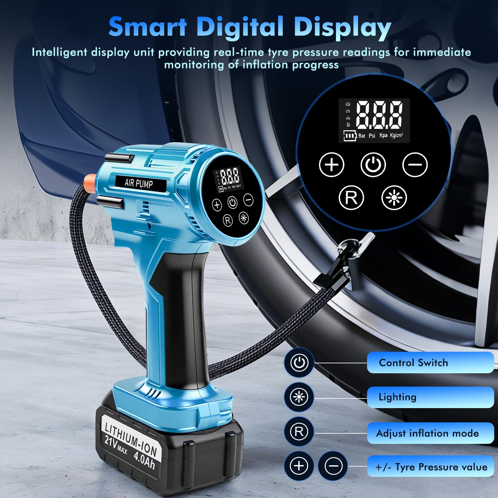 Compressore Portatile per Auto 150PSI, 800W Potente Compressore a Batteria 21V 4,0Ah, Valori Preimpostati, Luce LED & Display LED, per Auto Moto Biciclette Monopattini o Palloni