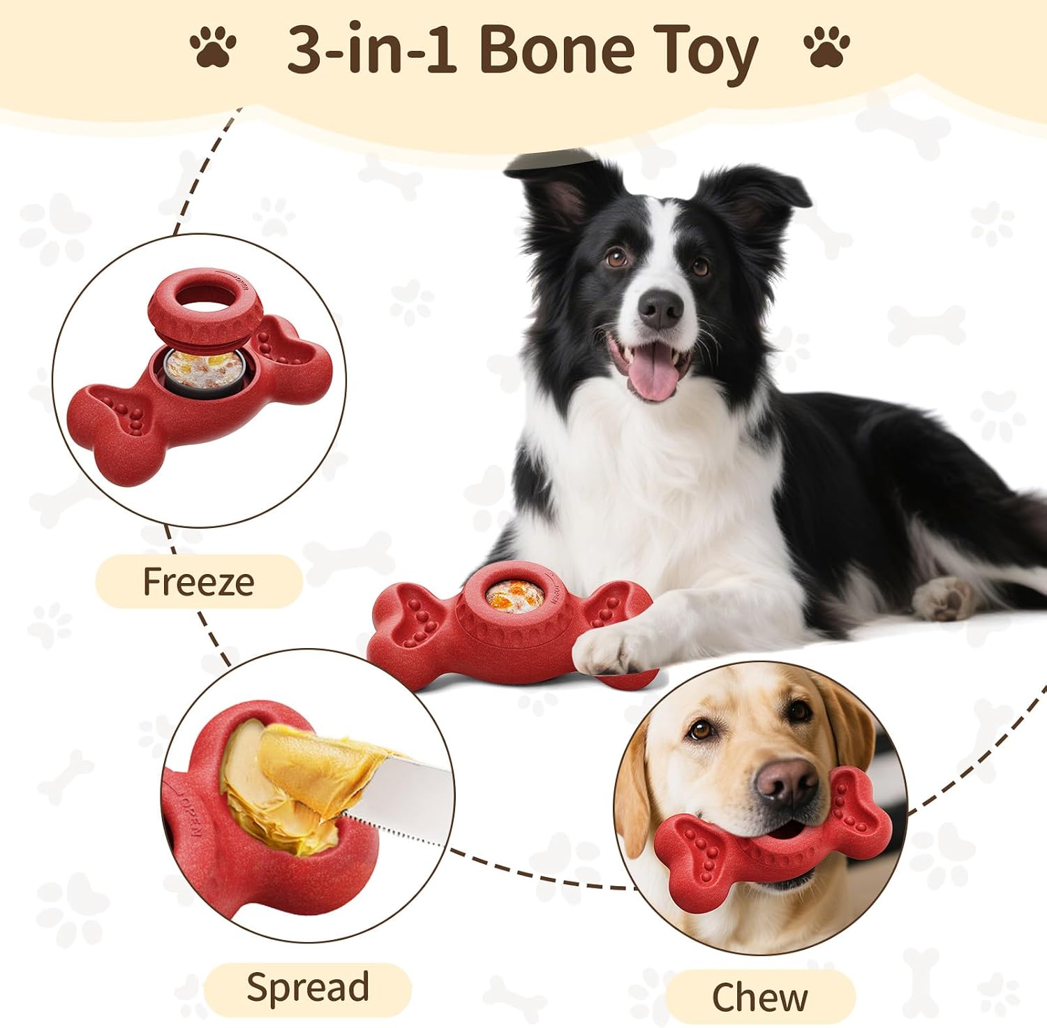 3-in-1 Enrichment Dog Toy for Aggressive Chewers, Frozen Treat Toy & Interactive Treat Dispenser with Peanut Butter Grooves, Long Lasting Slow Feeder Chew Toy for Large Dogs,Easy to Clean,Red