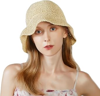 Floppy Straw Sun Hat Foldable Hand-Woven Crochet Straw Hats Outdoor Summer Beach Headwear for Women Girl Beige
