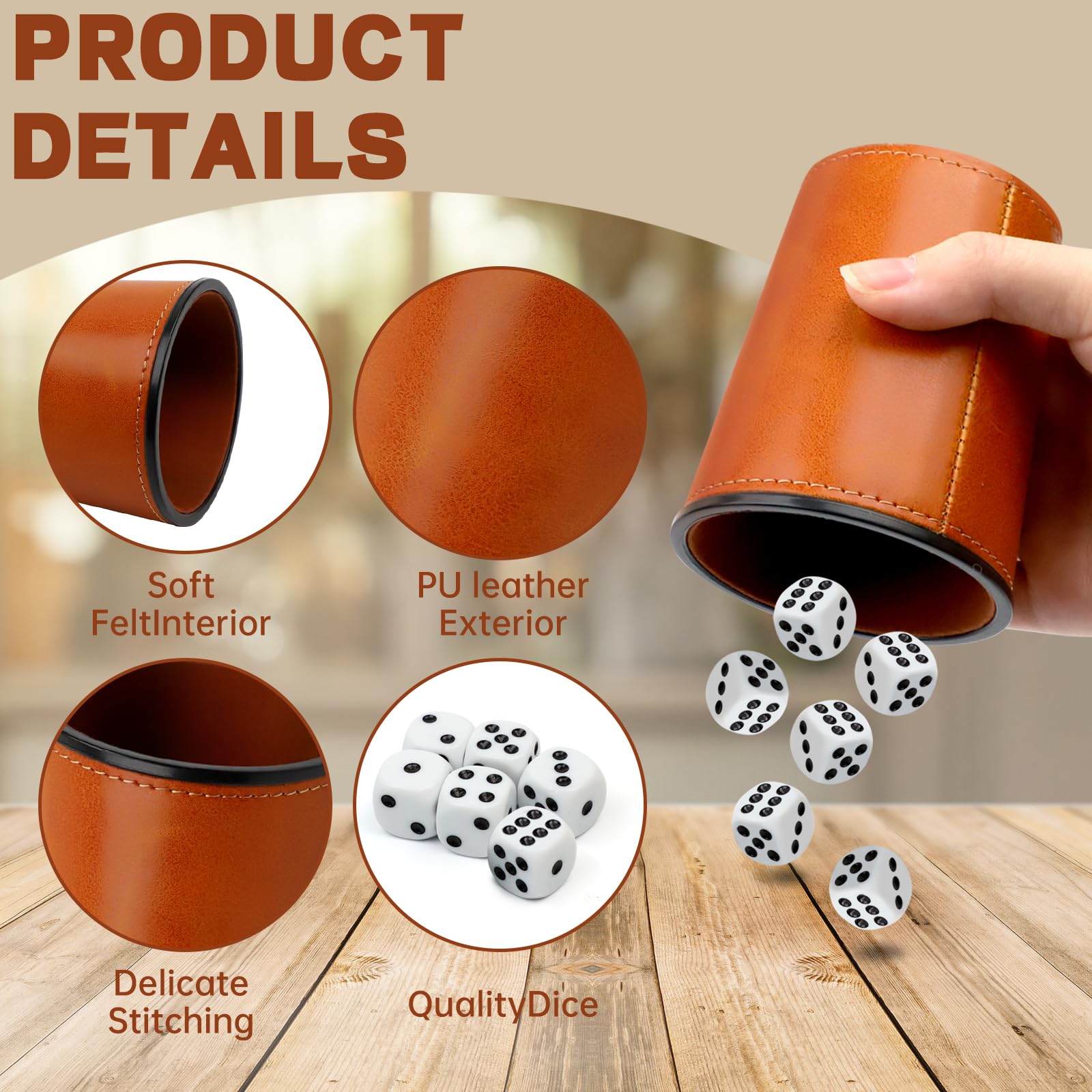 6 Pezzi Set di Tazze per Dadi, Coppetta per Dadi in Pelle Set, Tazze di Dadi in Pelle PU con 30 Dadi ideali, Tazza di Dadi in Pelle Insonorizzata per Viaggi