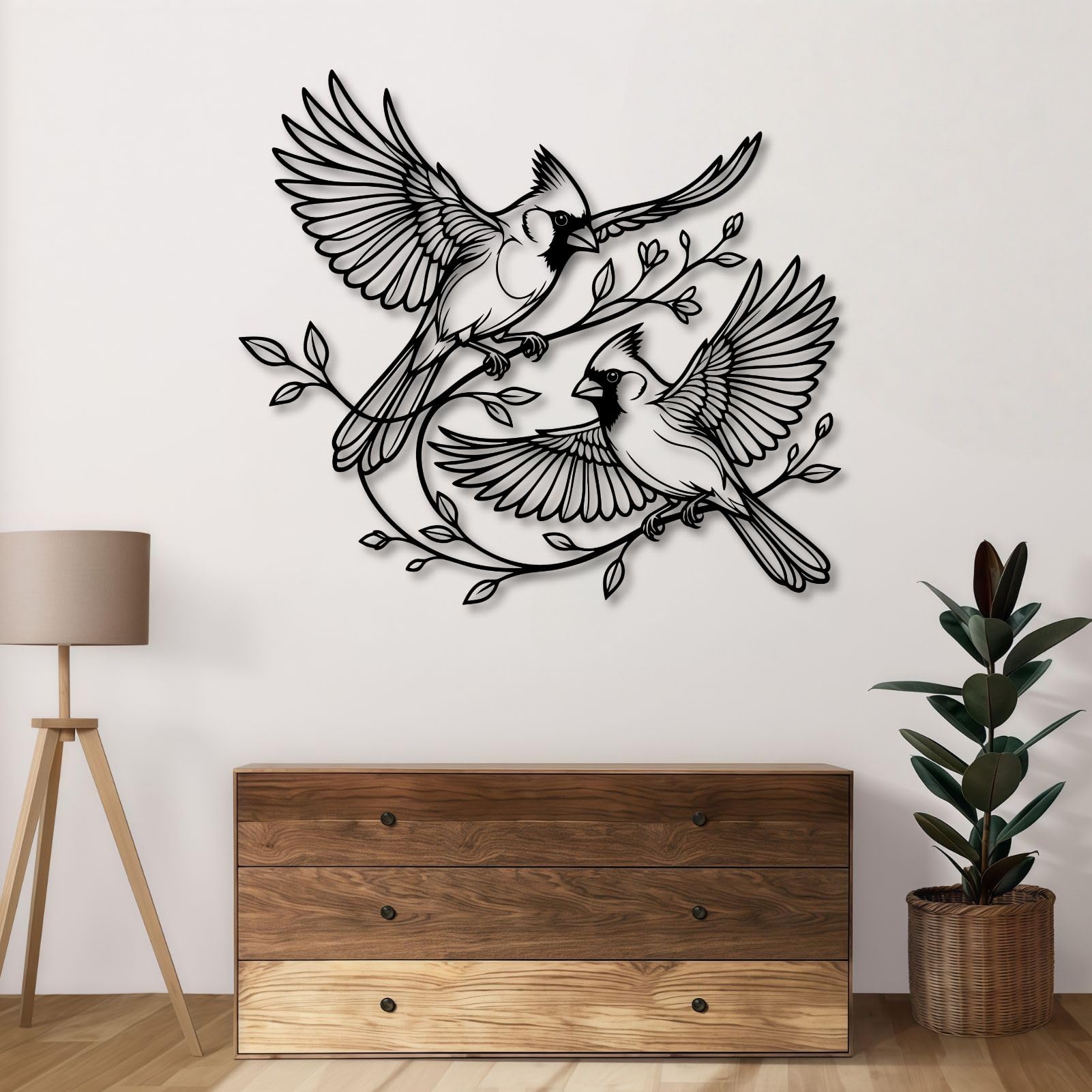 Schwarze Kardinäle als Wanddeko aus Metall, rustikales Wandbild mit Zwei Kardinälen aus Metall, Moderne Vogelskulptur für Wohnzimmer, Schlafzimmer, Flur und Treppenhaus (Silber, 48 cm breit)