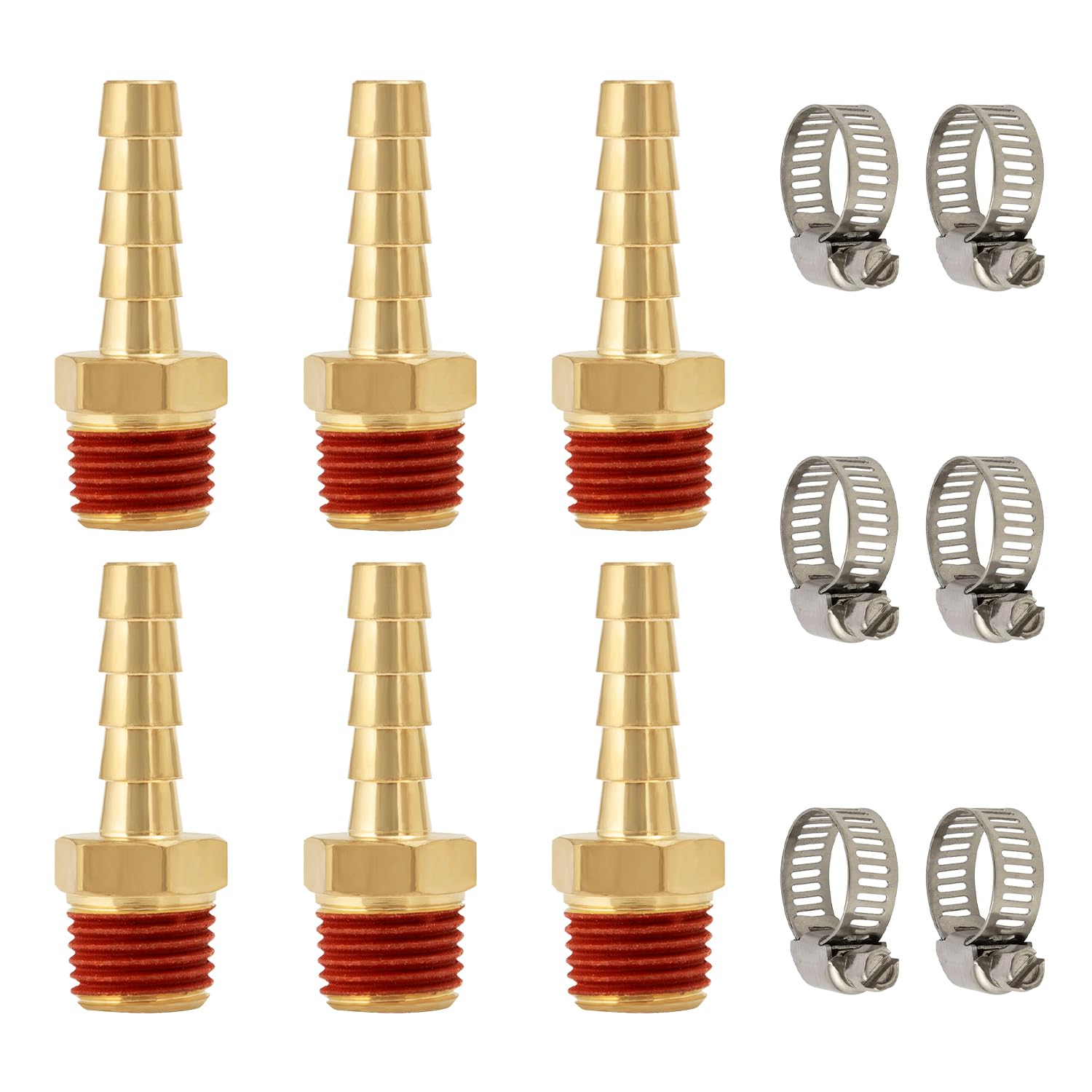 SUNGATOR 6-Pack 1/4'' Barbed Air Hose Fittings, Brass 1/4 Inch NPT Male Air Hose Repair Kit with Sealant, Barbed Gas Line Repair Brass Fittings with 6