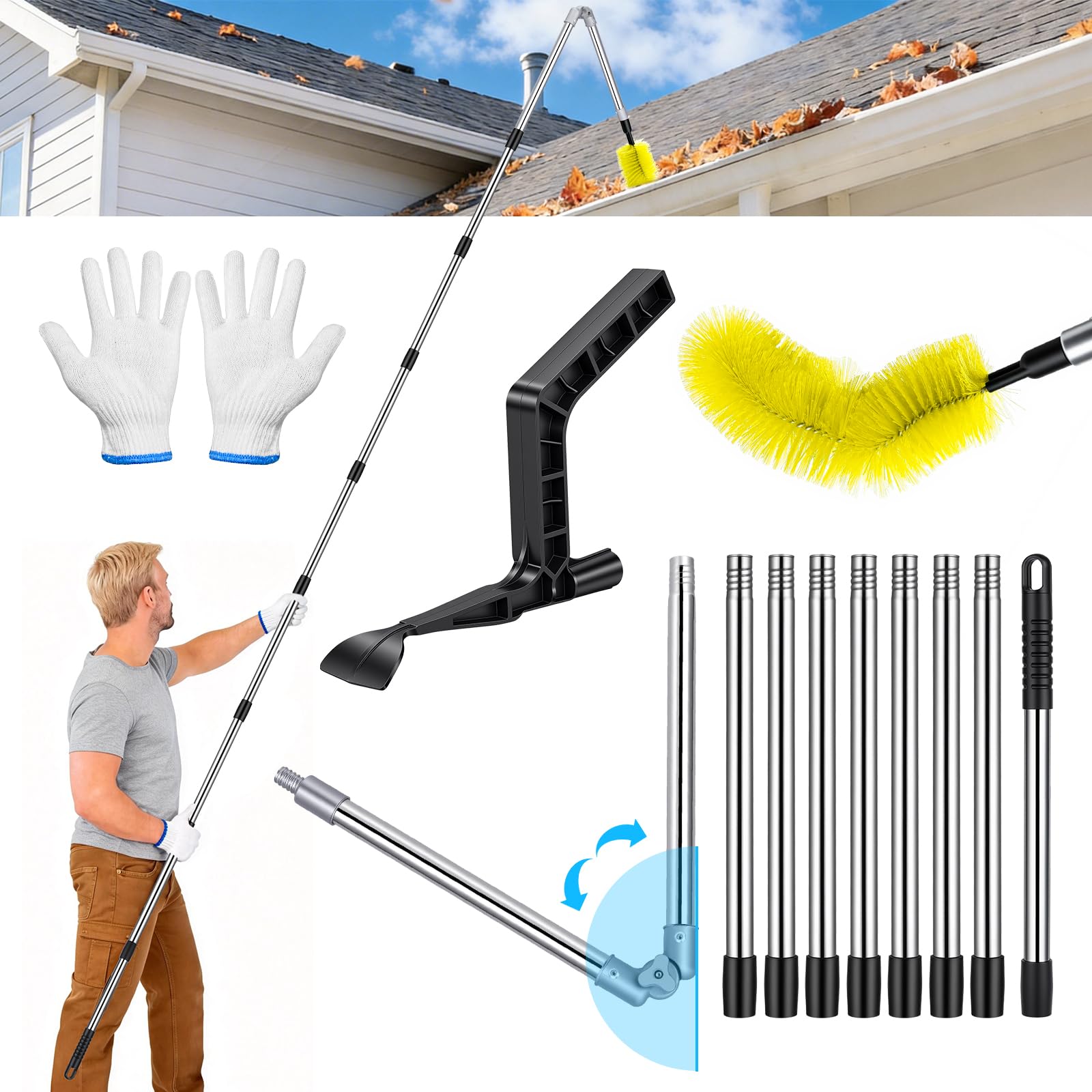 3.9M 2 in 1 Teleskop Dachrinnenreinigungswerkzeug mit Bürste und Laubschaufel, Ausziehbares Aluminium Dachrinnenreiniger Kit, 180° Einstellbarer Winkel, Inklusive Handschuhe