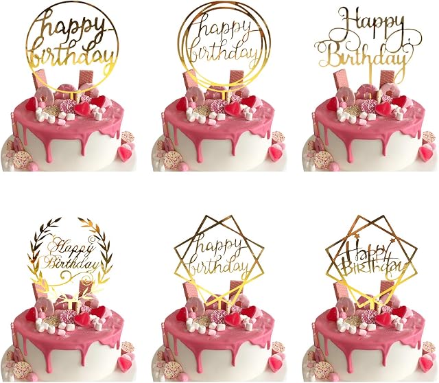 6 Pcs Happy Birthday Cake Toppers, Gold Cake Topper for Kids Adult Birthday Cake Decorations, Acrylic Cupcake Topper for Boy Girl Baby Shower Party Glitter Supplies